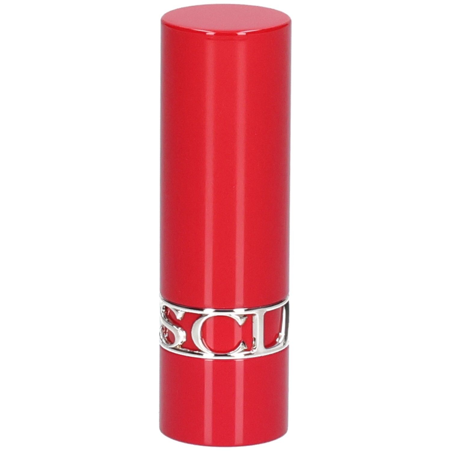 Rode lippenstift met zilveren band.