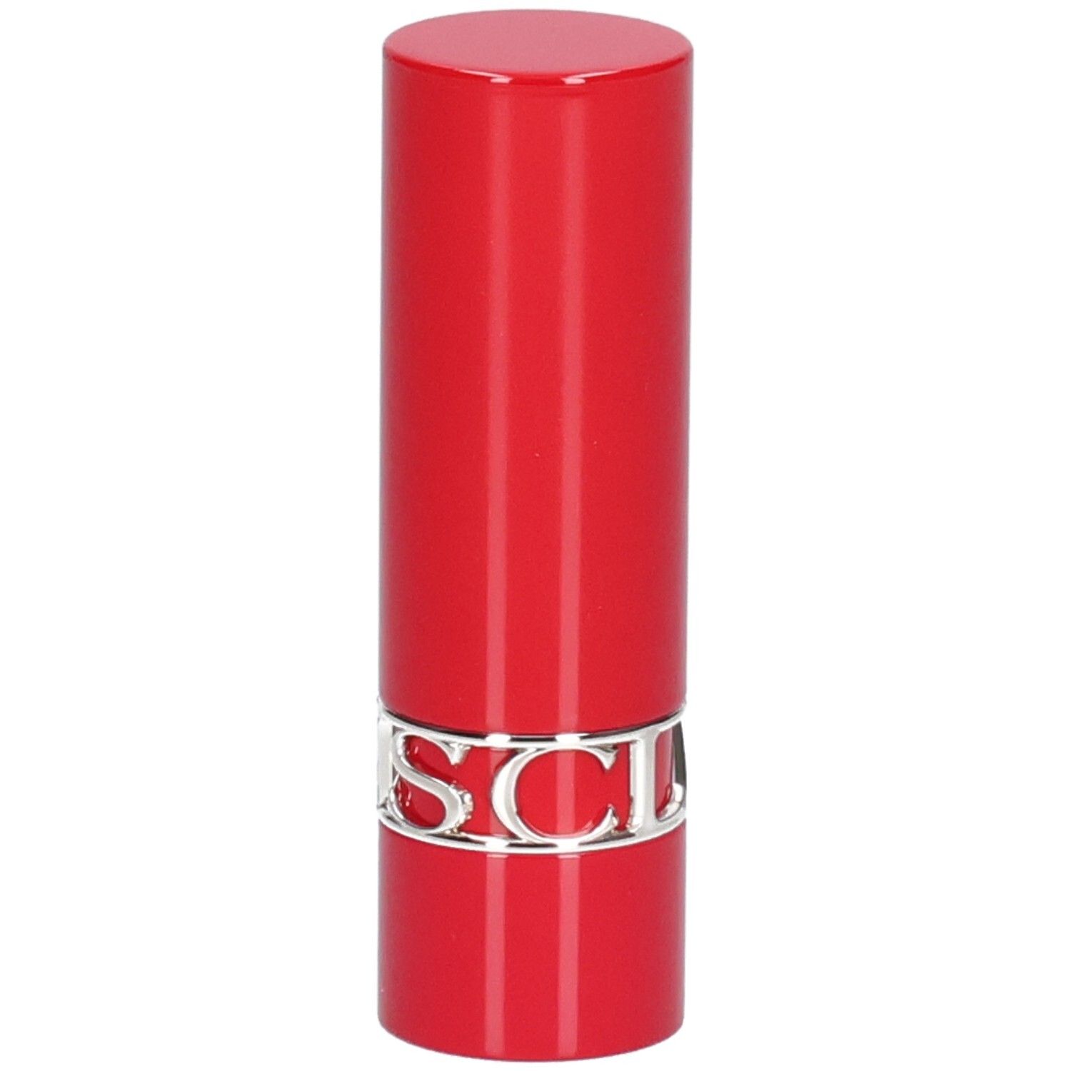 Rode lippenstift met zilveren band.