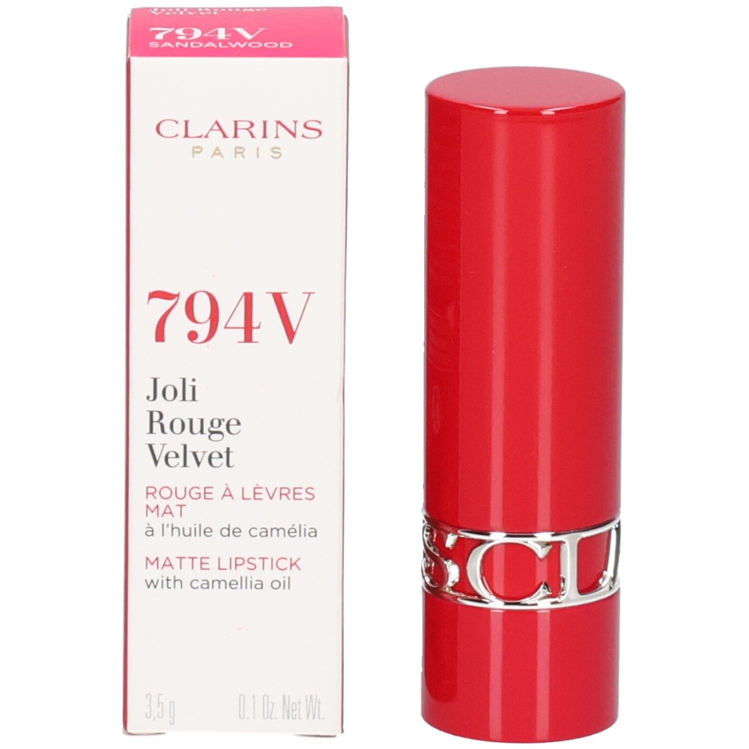 Clarins Joli Rouge Velvet 794V Sandalwood, rode lippenstift en verpakking.