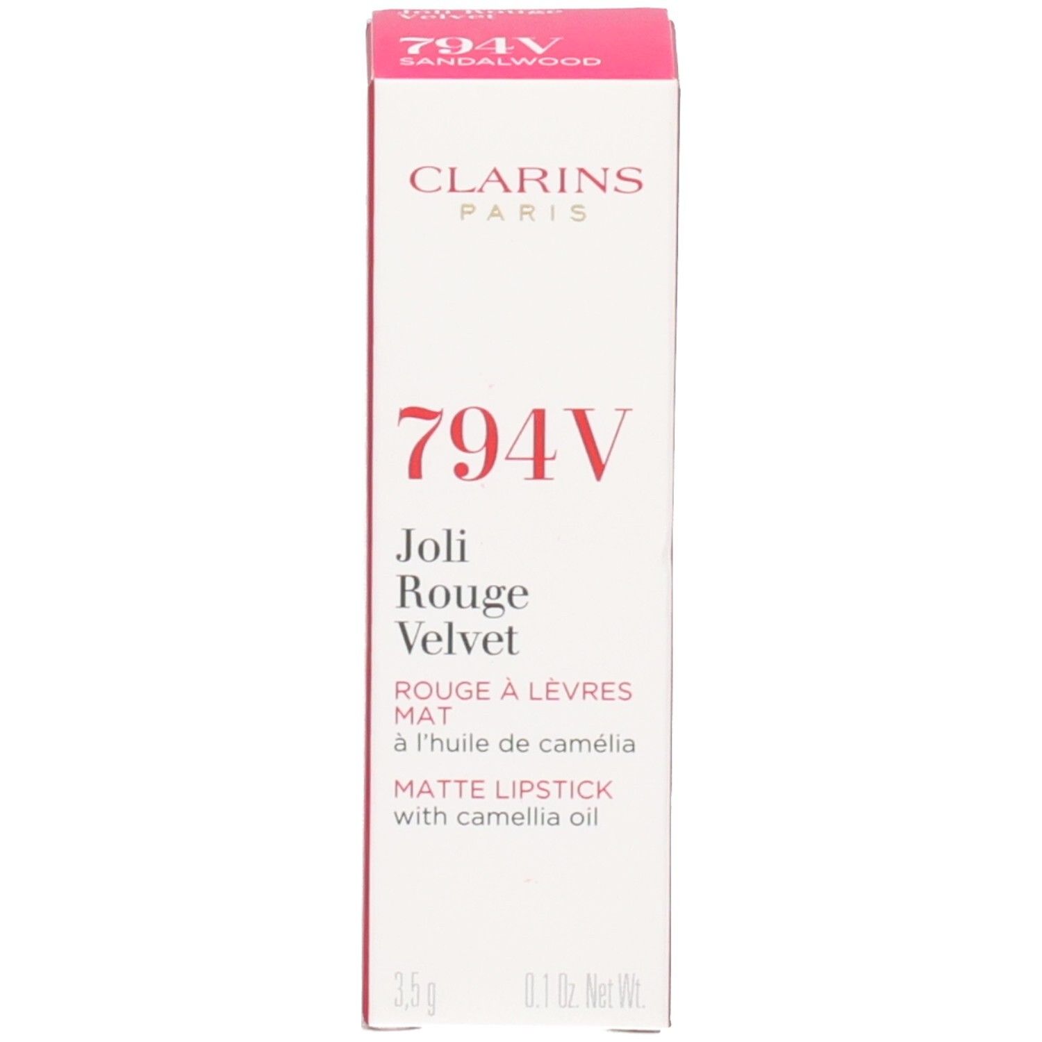 Clarins Joli Rouge Velvet 794V Sandalwood, rode lippenstift en verpakking.