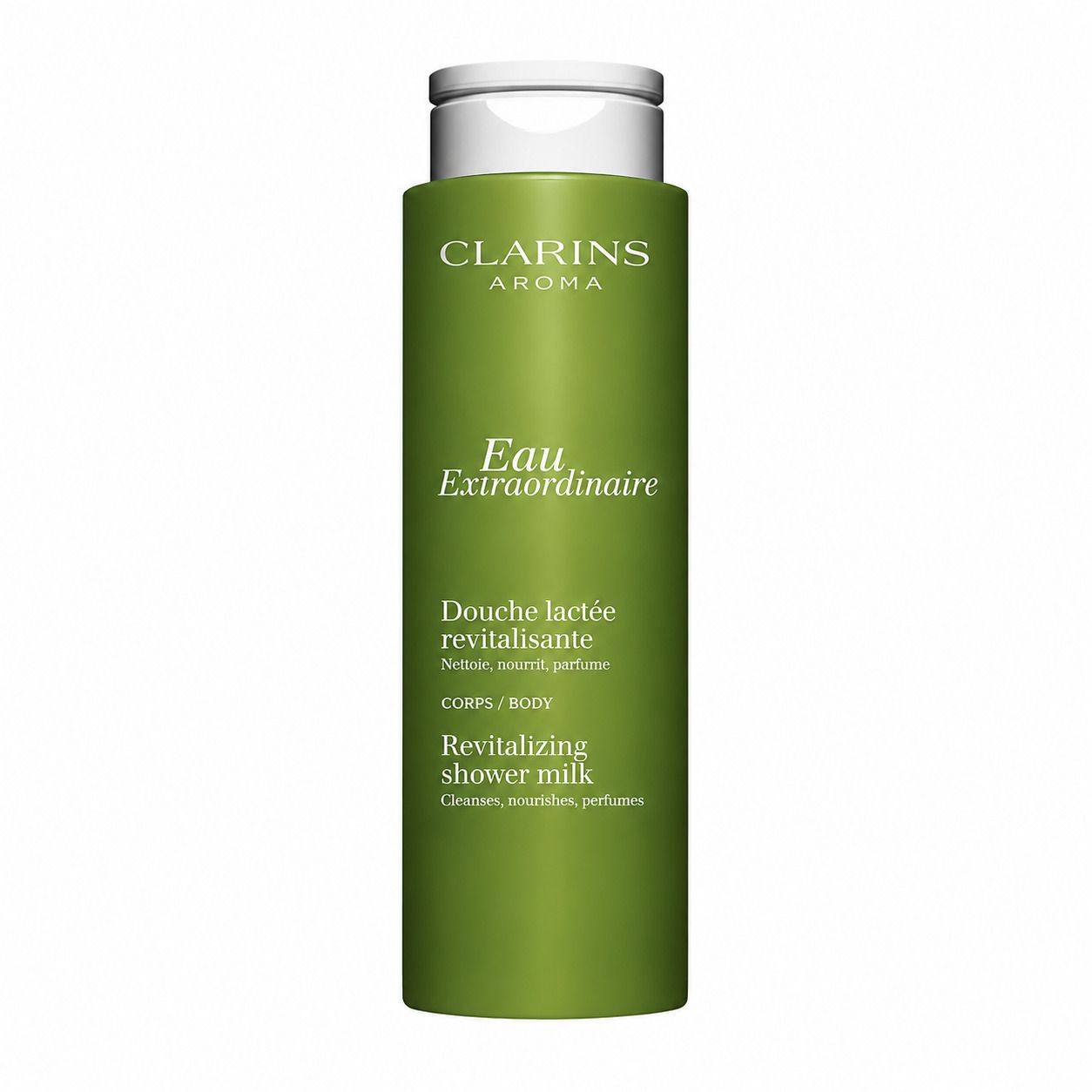 Clarins douchemelkfles, groene verpakking met witte klapdop en productetiket.