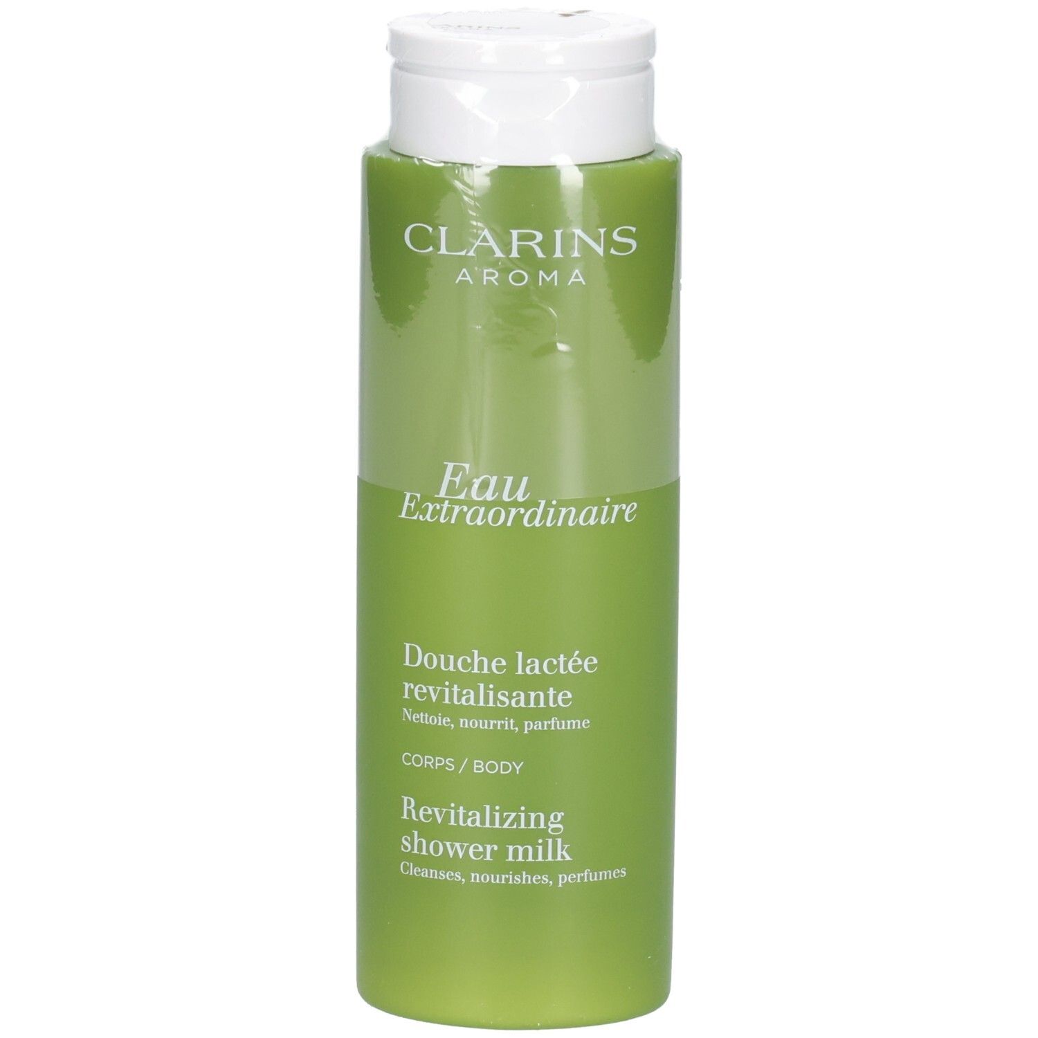 Clarins revitaliserende douchemelk in groene fles met witte klapdop.