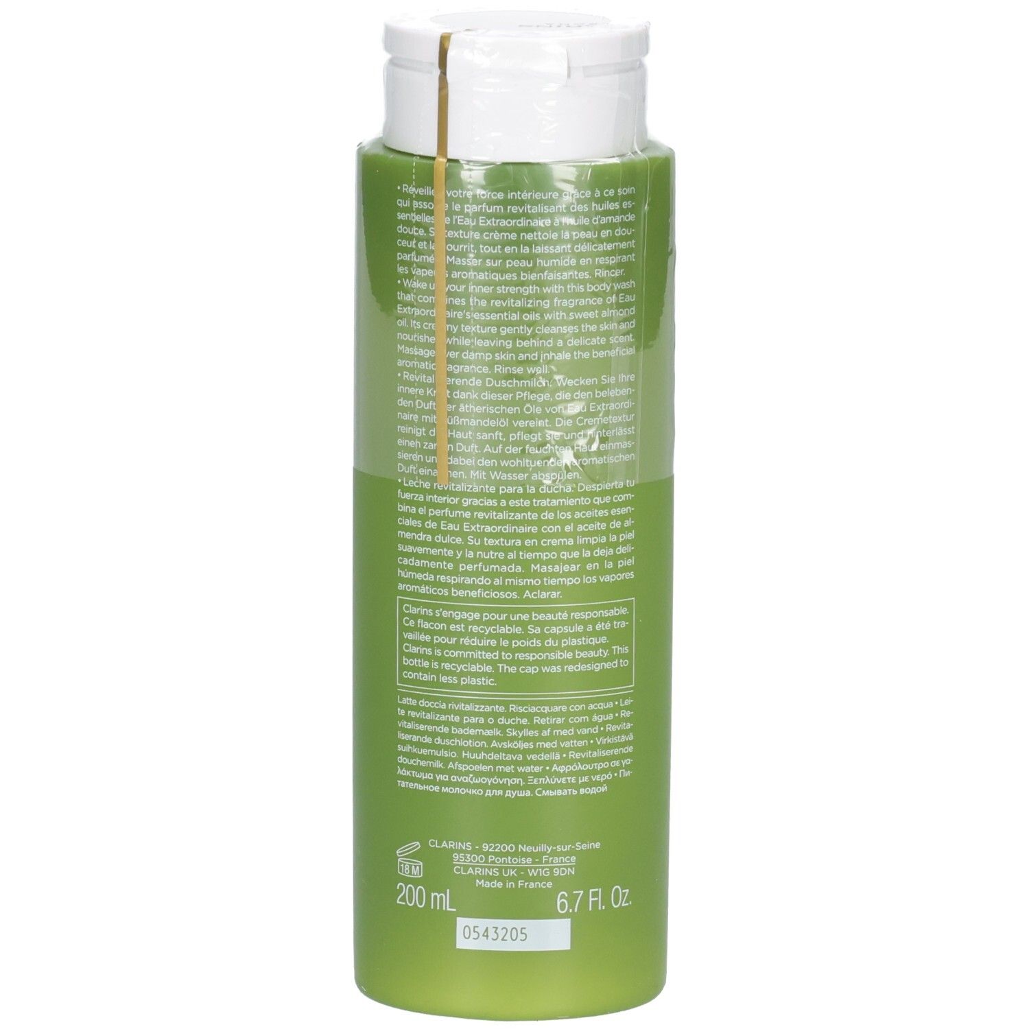 Clarins douchemelkfles, achterkant met gedetailleerde productinformatie en volumeaanduiding.