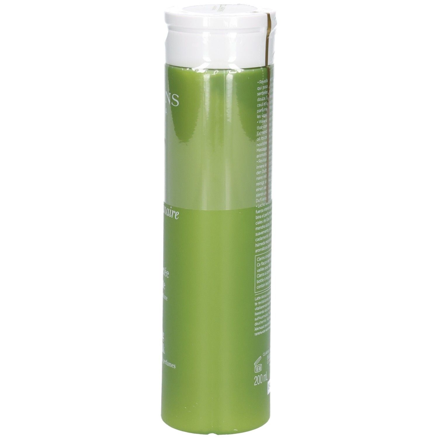 Zijaanzicht van de Clarins douchemelkfles, groene verpakking met witte dop.