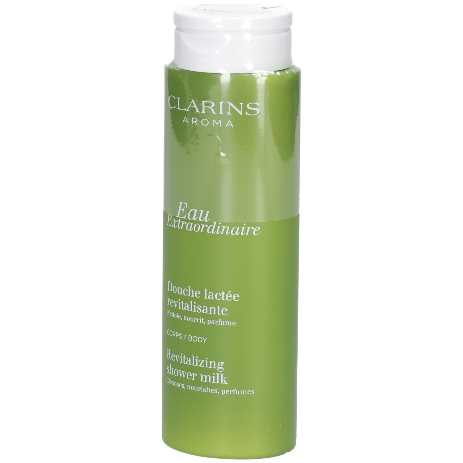 Clarins douchemelkfles, groene verpakking met witte klapdop en productetiket.