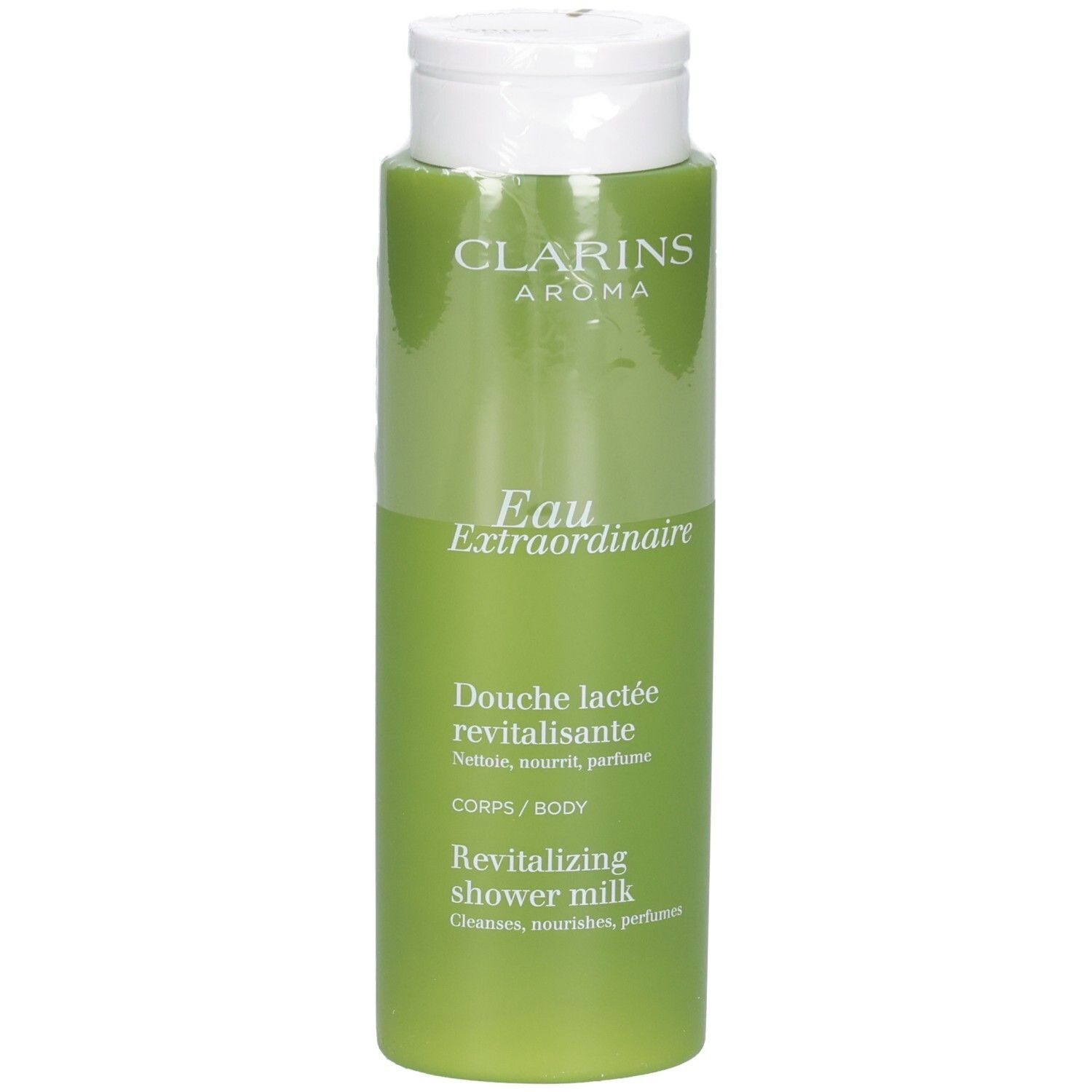 Clarins douchemelkfles, groene verpakking met witte klapdop en productetiket.