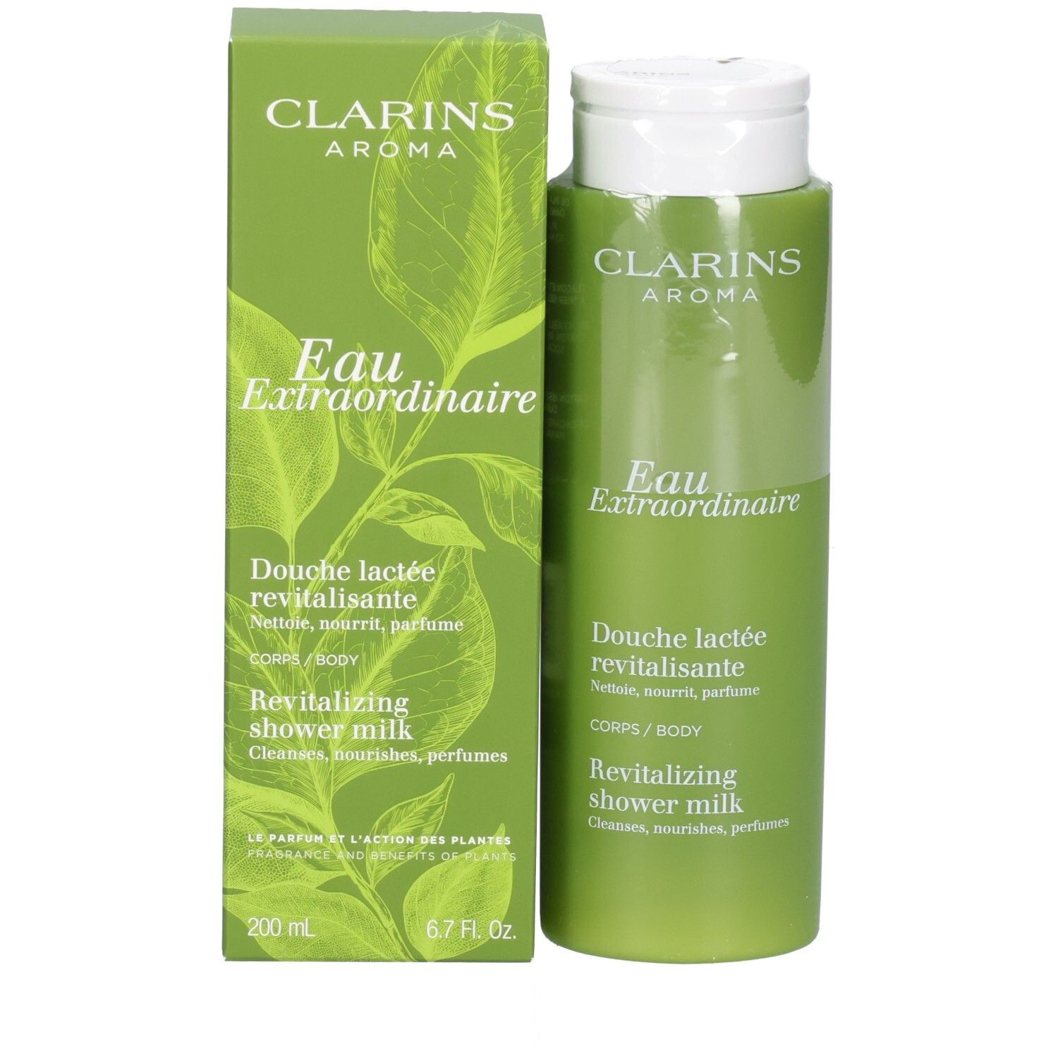 Clarins douchemelkfles en omverpakking met bladerenmotief, groene kleuren.