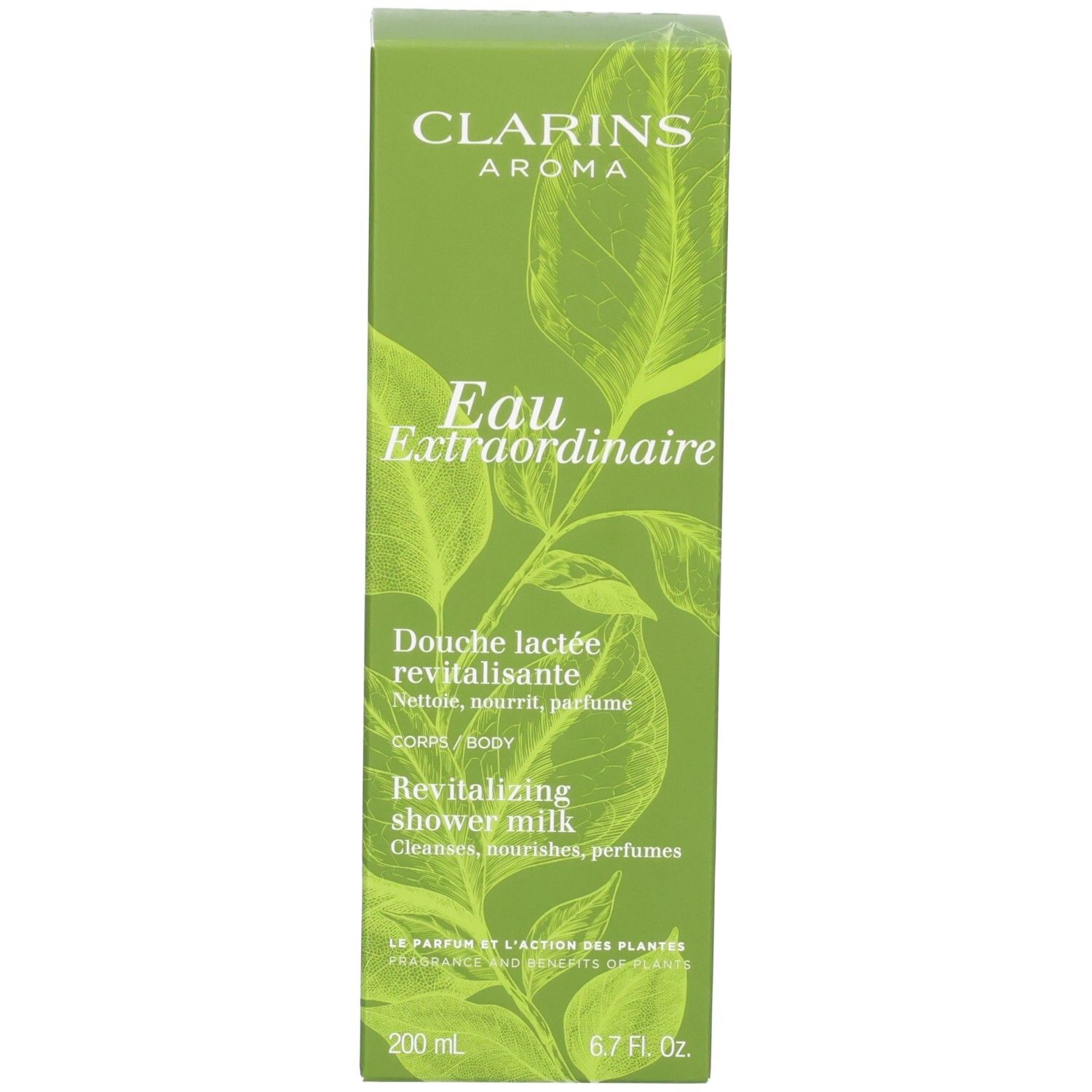 Clarins douchemelkfles en omverpakking met bladerenmotief, groene kleuren.