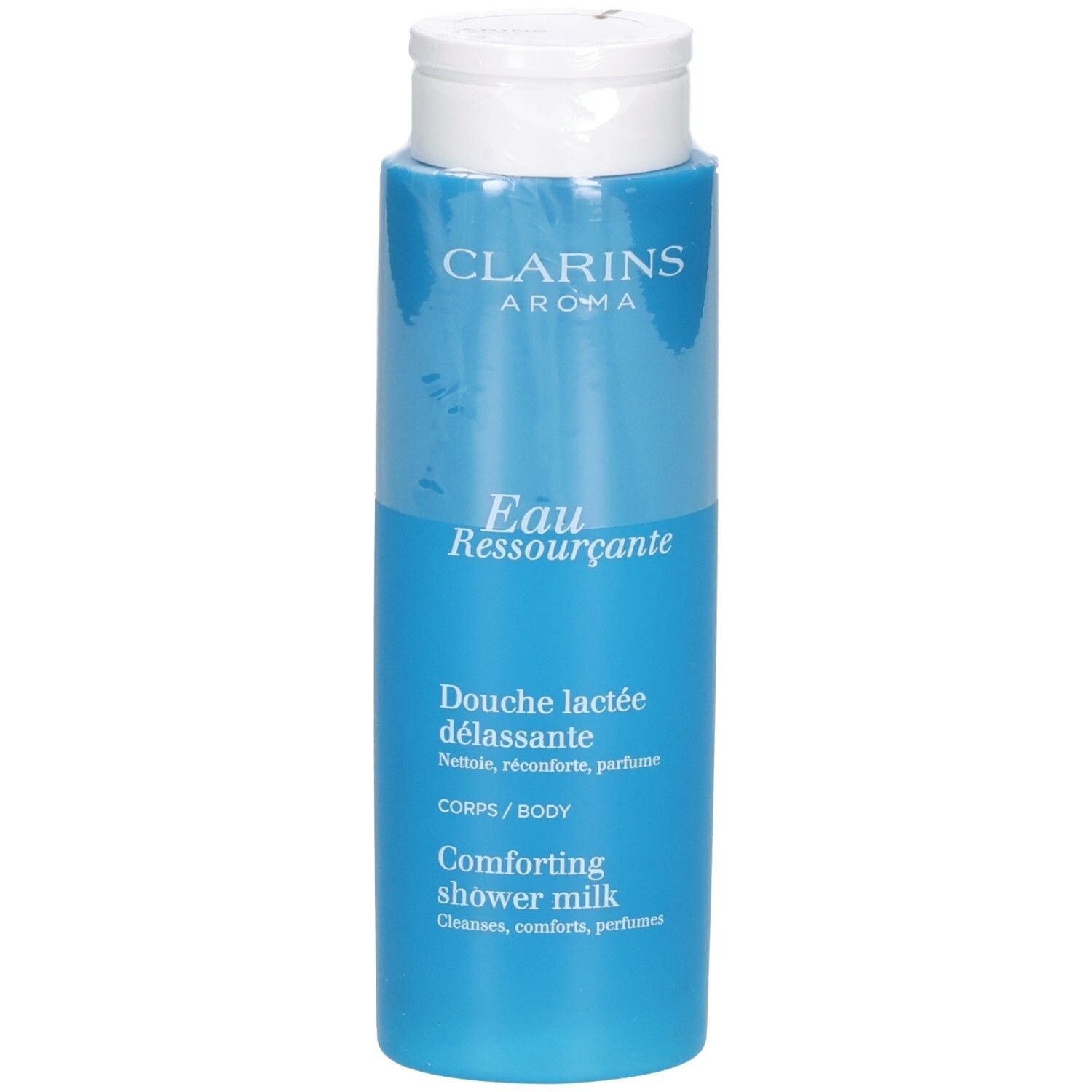 Clarins Eau Ressourcante Lait Douche dans une bouteille bleue avec un bouchon rabattable blanc.