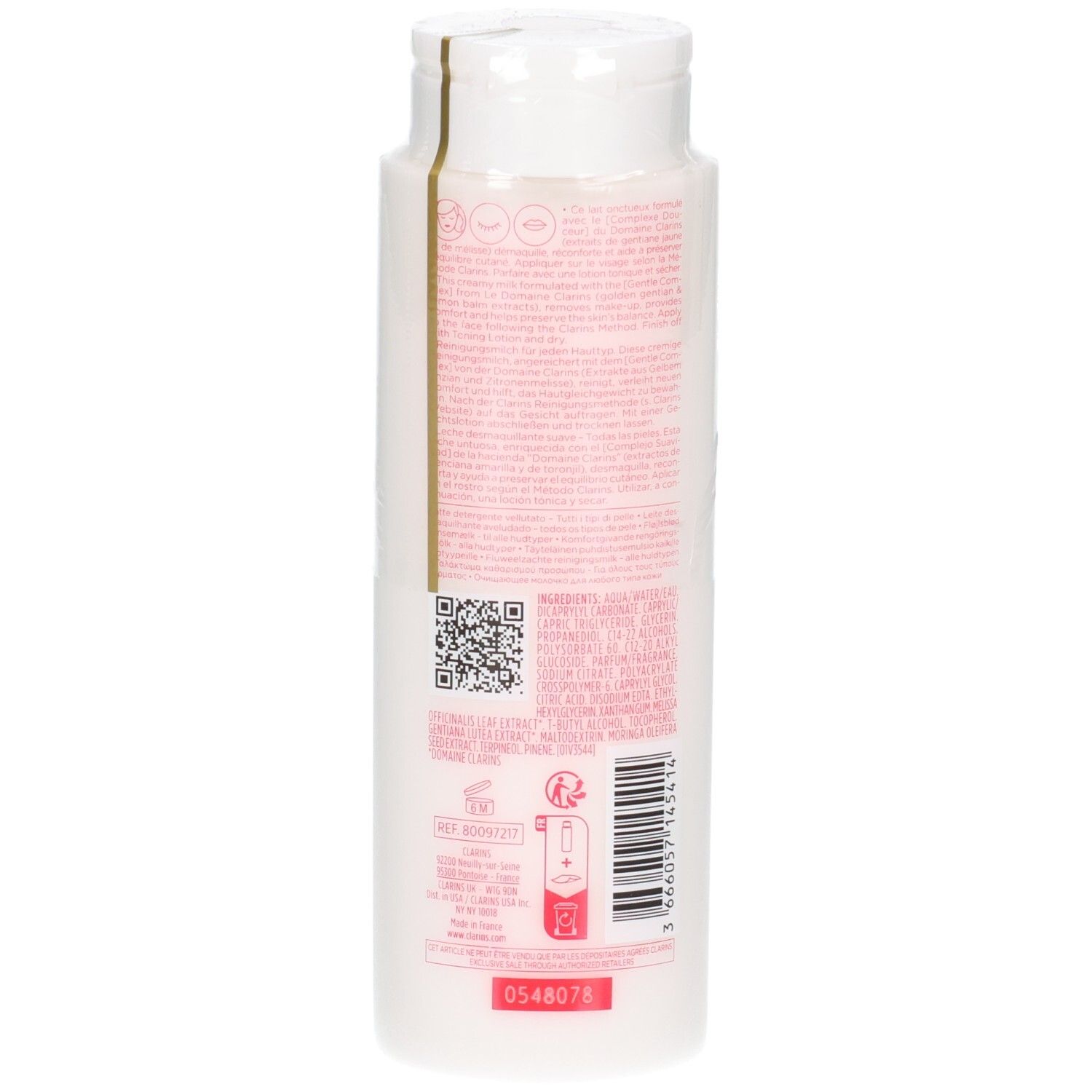Clarins Fluweelzachte Reinigingsmelk, achterkant met barcode en QR-code.