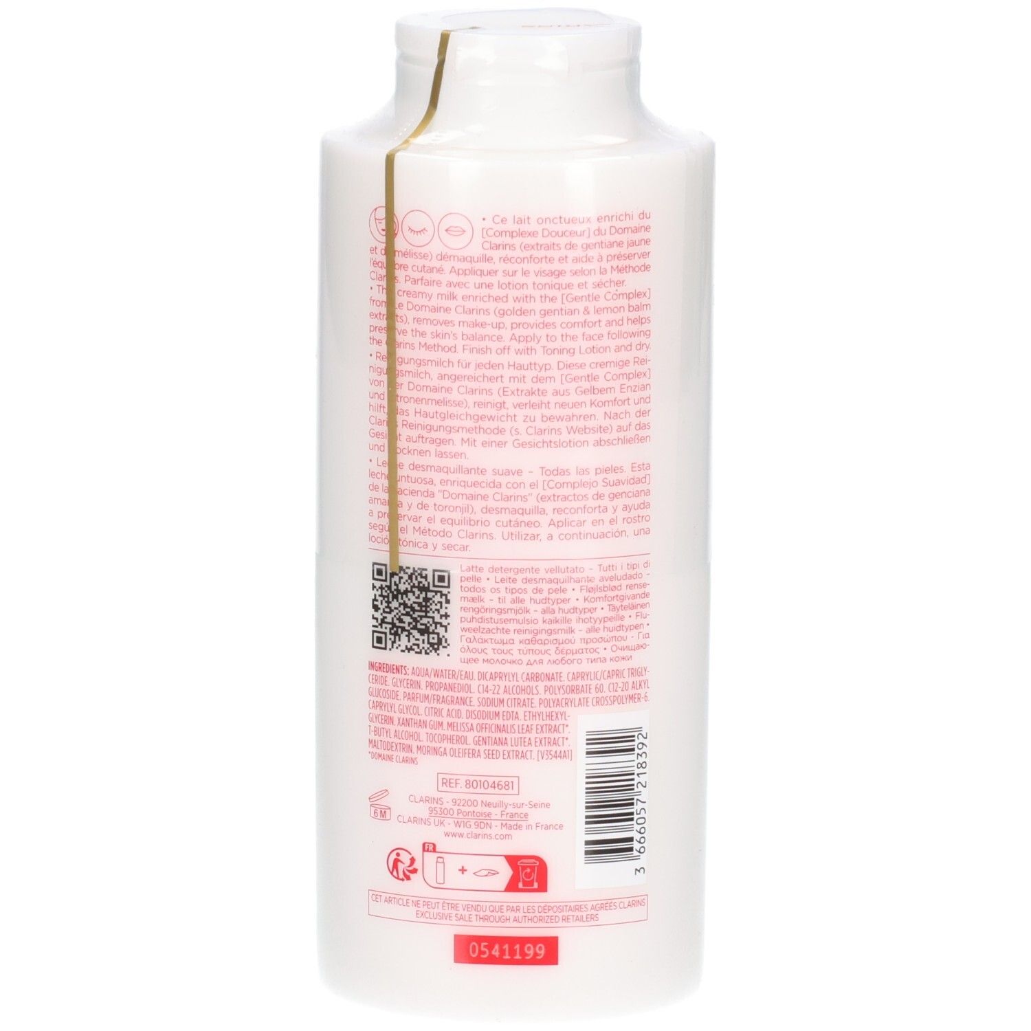 Clarins Lait Velours Demaquillant, 400 ml, arrière avec détails.