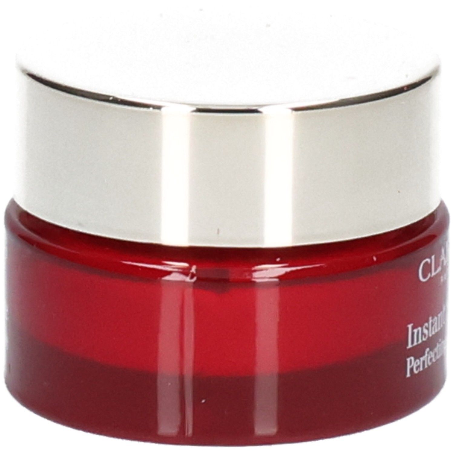 Clarins Instant Smooth Perfecting Touch potje, rode glazen basis, zilveren deksel.
