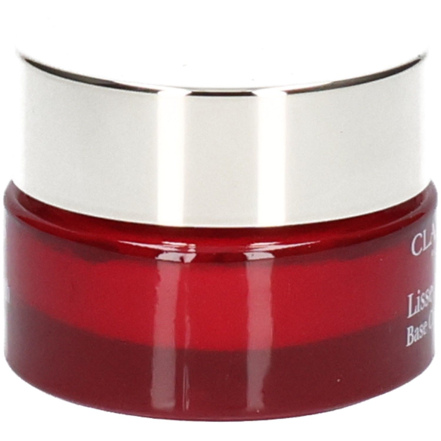 Clarins Lisse Minute Base Comblante potje, rode glazen basis, zilveren deksel.