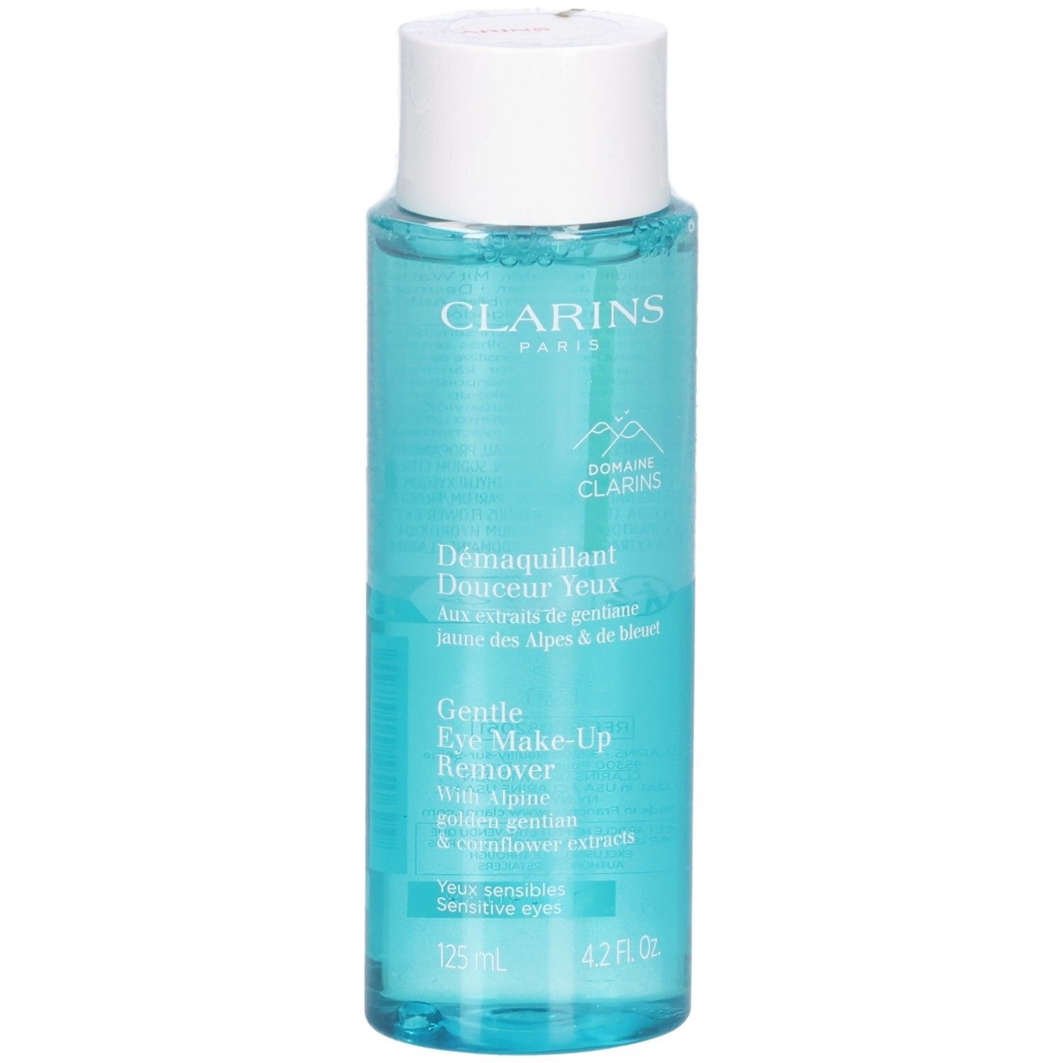 Clarins oogmake-up remover, helder blauwe vloeistof in doorzichtige fles met witte dop.