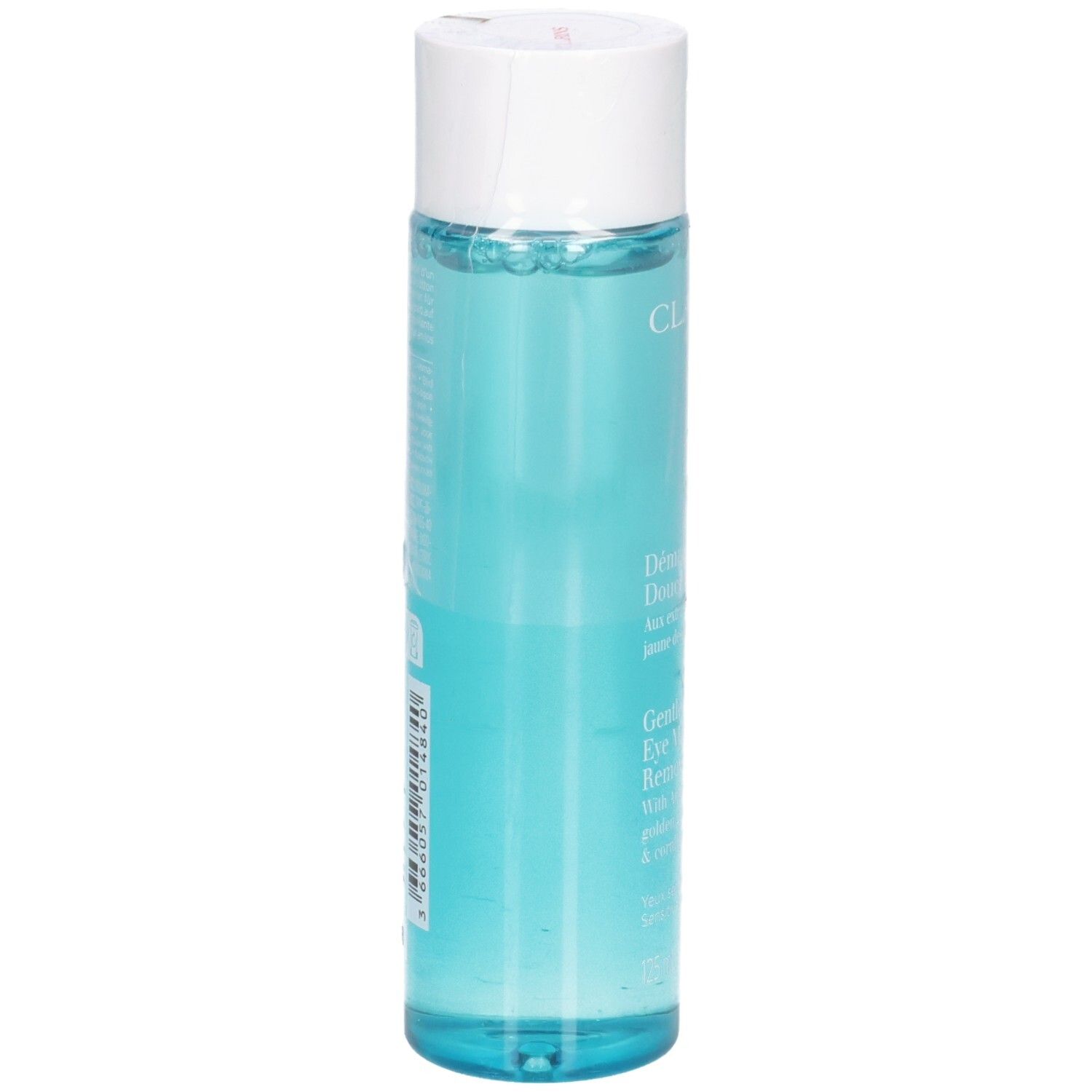 Clarins oogmake-up remover, achterkant van de doorzichtige fles met witte dop, blauwe vloeistof.