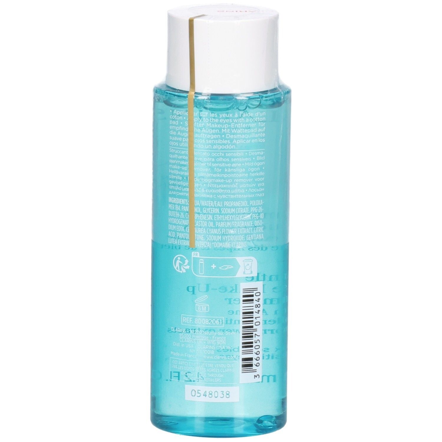 Clarins oogmake-up remover, achterkant van de fles met etiket en barcode, blauwe vloeistof.
