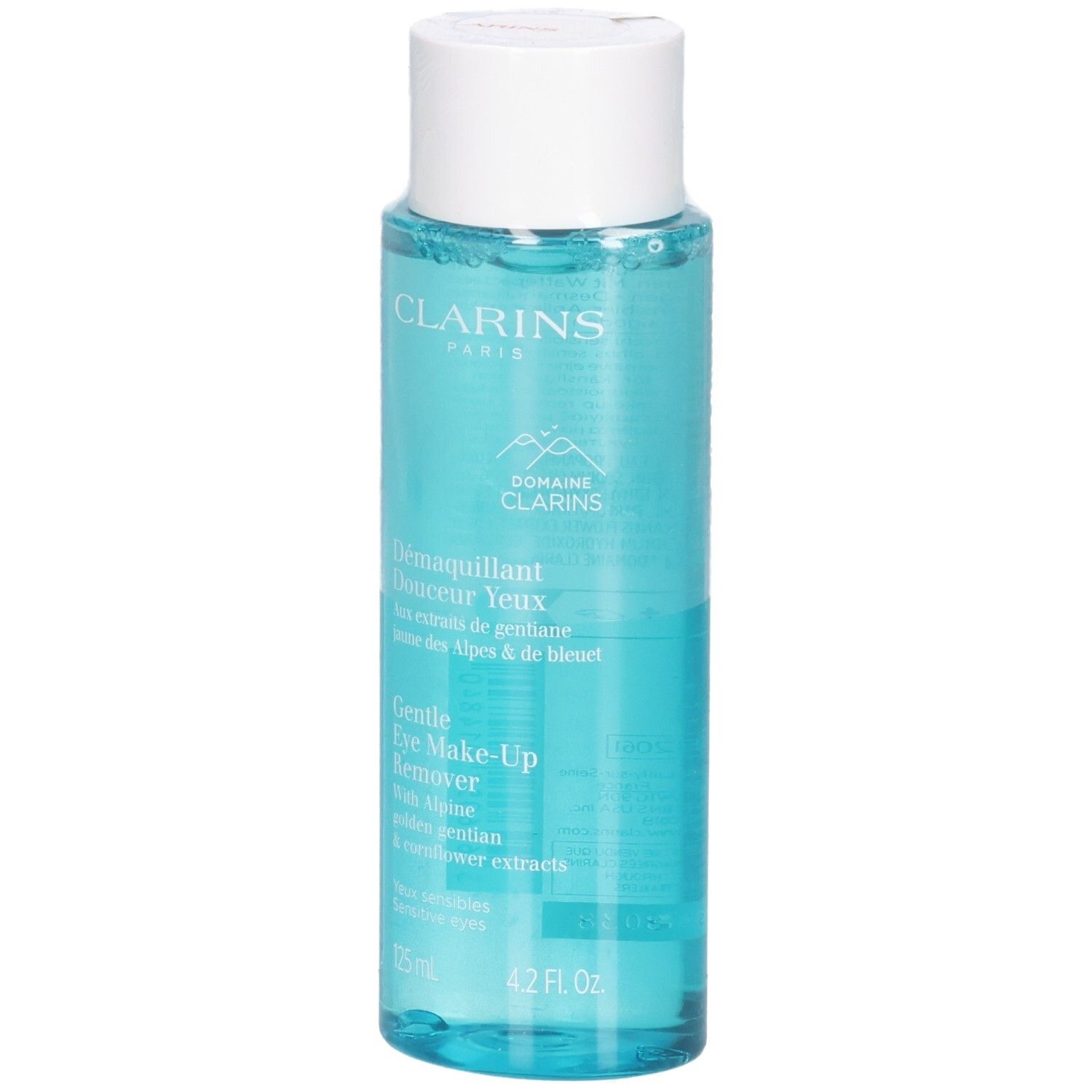 Clarins oogmake-up remover, helder blauwe vloeistof in doorzichtige fles met witte dop.