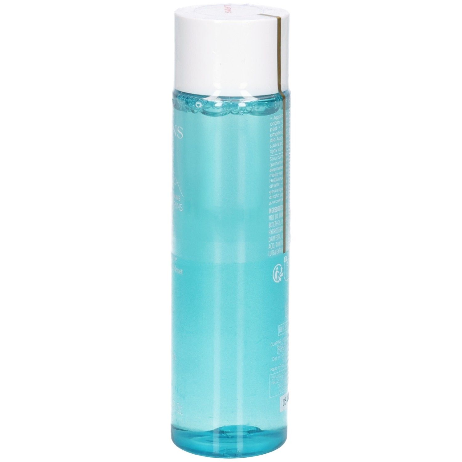 Clarins oogmake-up remover, zijkant van de doorzichtige fles met witte dop, blauwe vloeistof.
