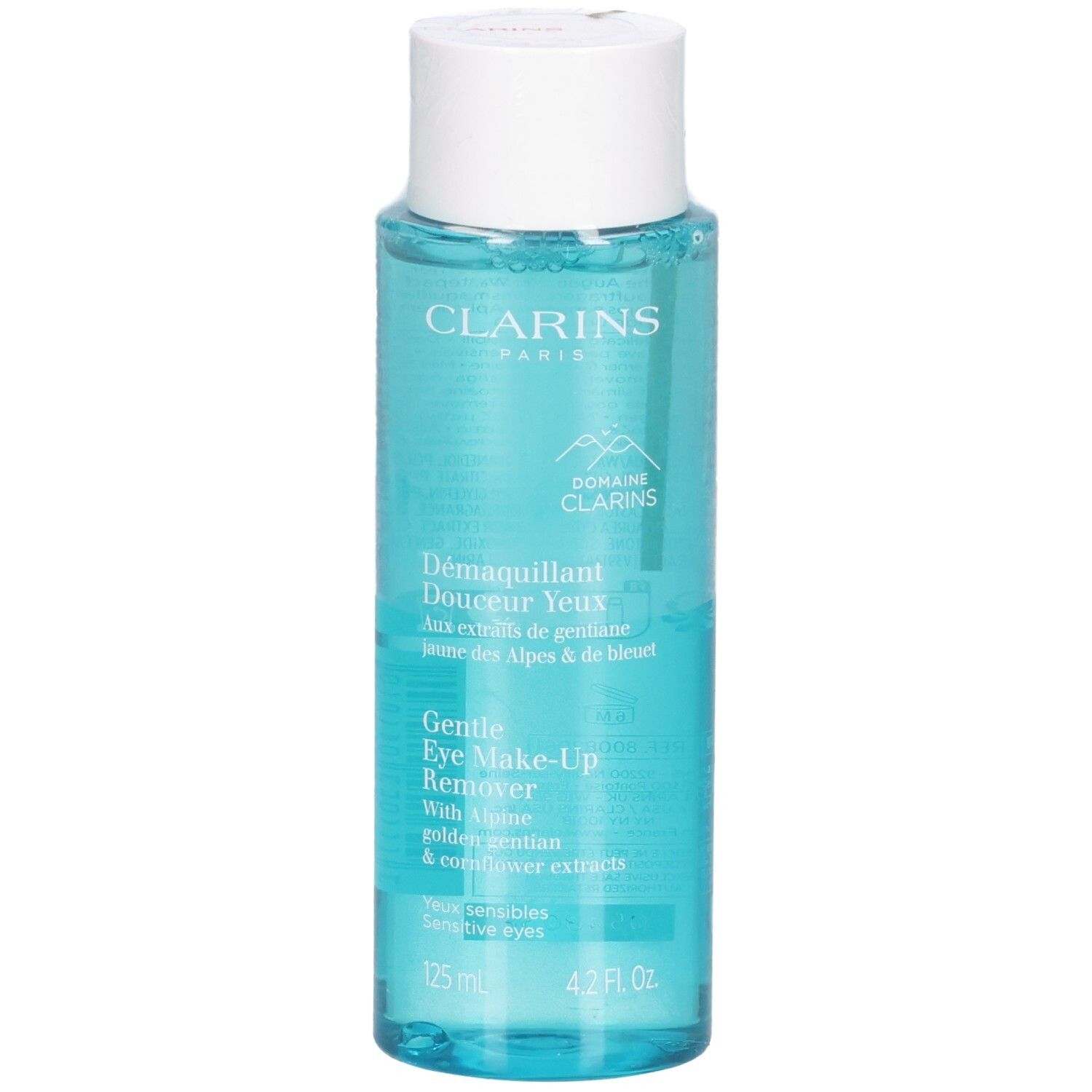 Clarins oogmake-up remover, helder blauwe vloeistof in doorzichtige fles met witte dop.