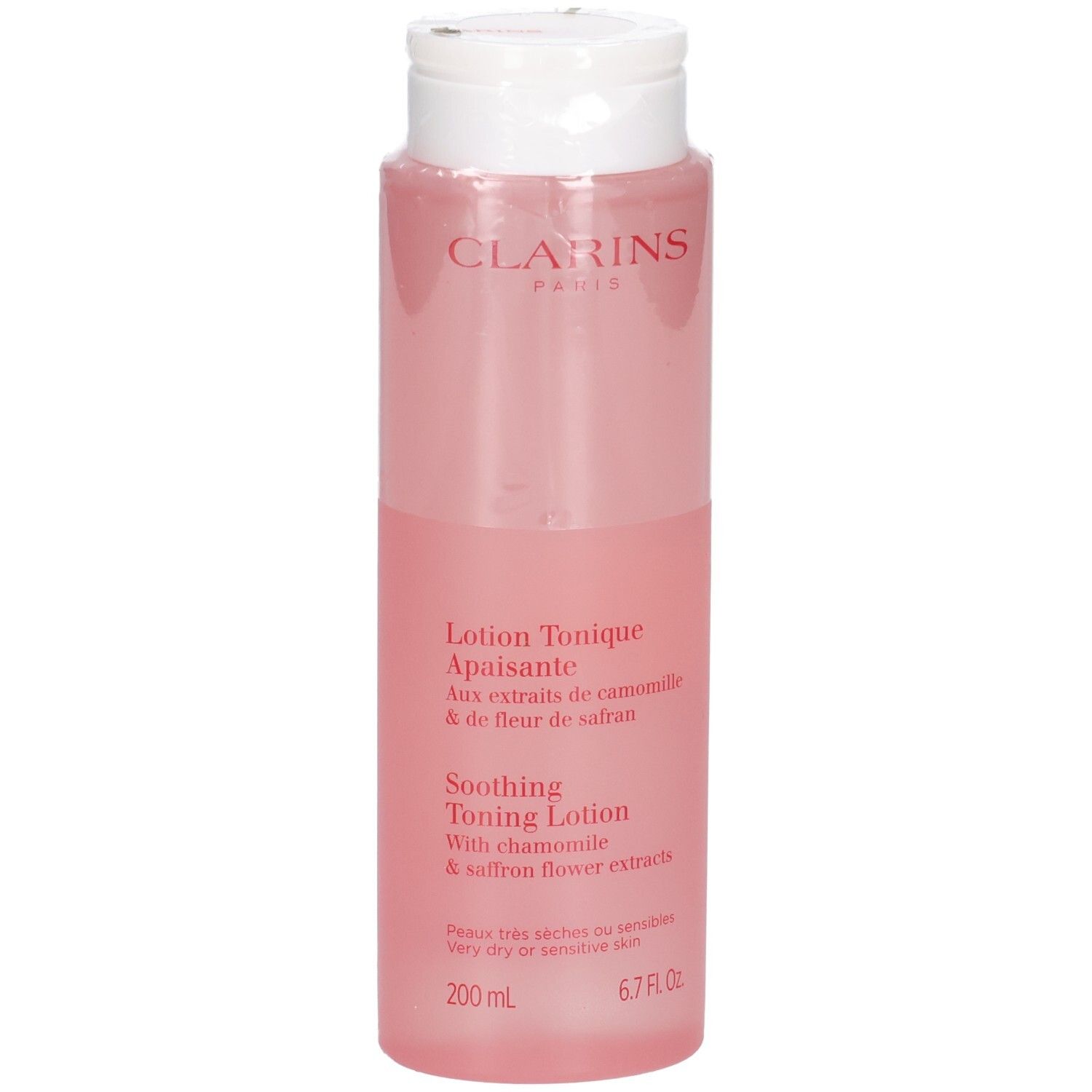Clarins Verzachtende Tonic Lotion in een doorzichtige roze fles met witte fliptopdop. 200 ml.
