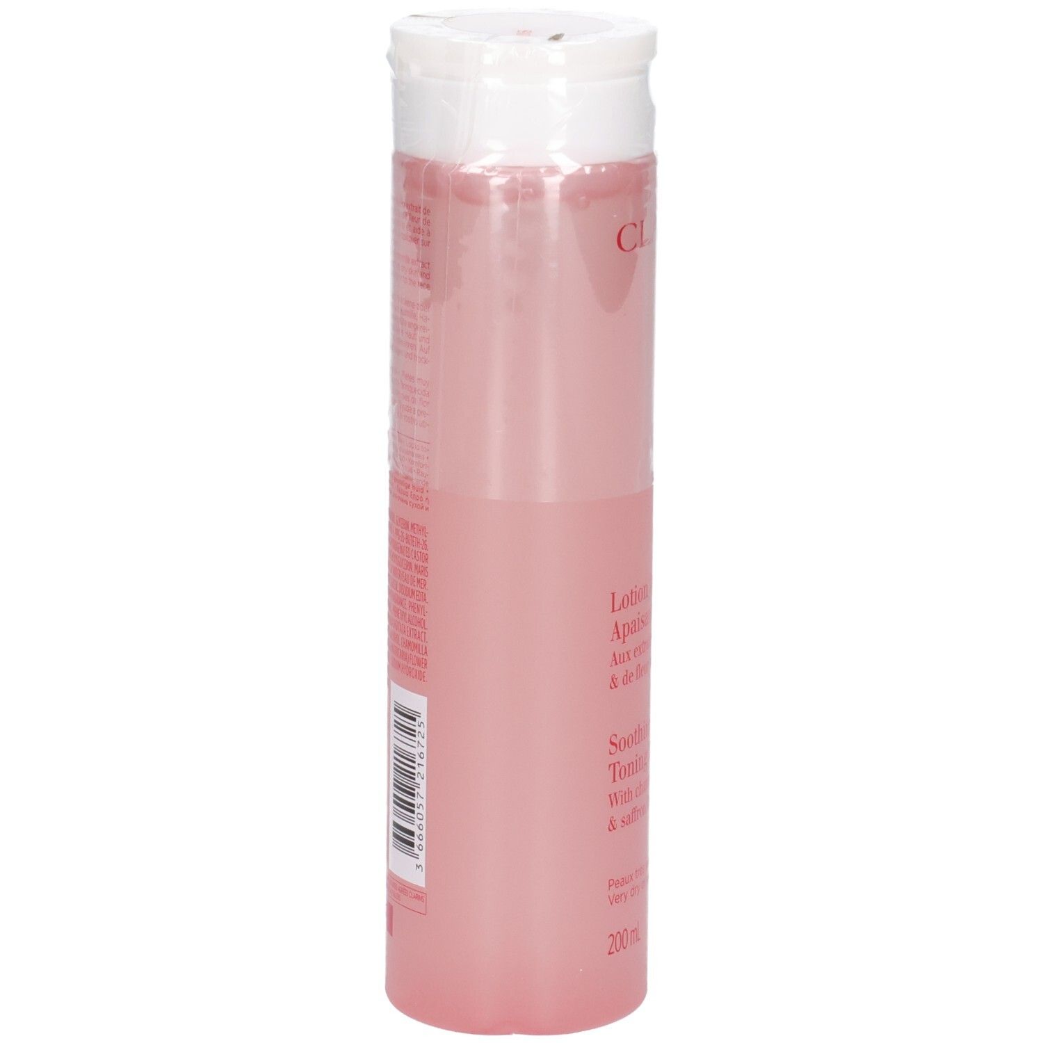 Clarins Verzachtende Tonic Lotion, zijaanzicht. Doorzichtige roze fles met witte fliptopdop. 200 ml.