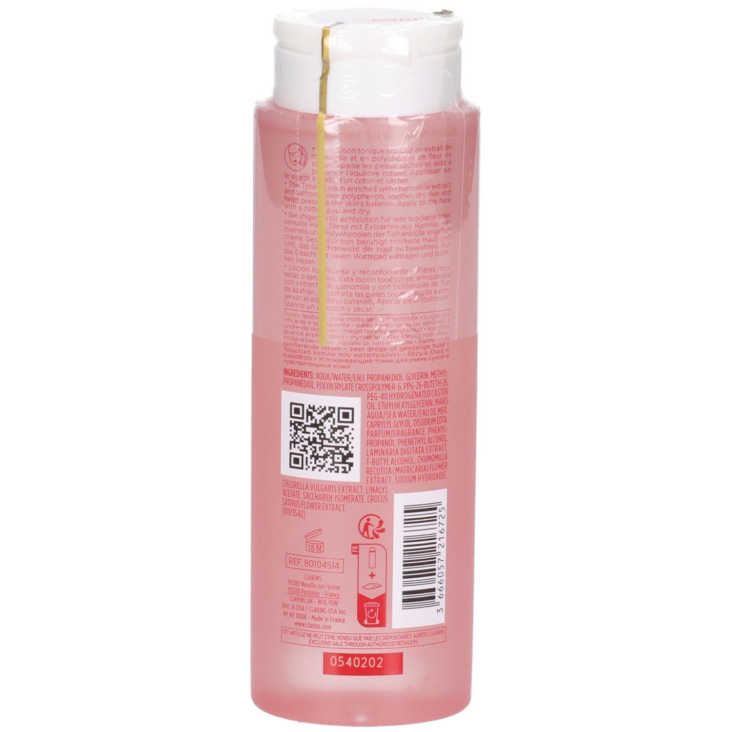 Achterkant van de Clarins Verzachtende Tonic Lotion fles. Bevat ingrediënten en barcode. 200 ml.