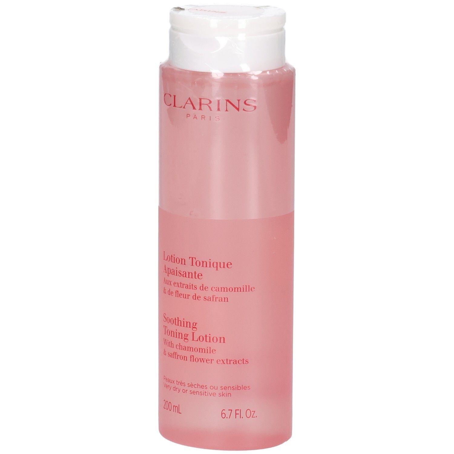 Clarins Verzachtende Tonic Lotion in een doorzichtige roze fles met witte fliptopdop. 200 ml.