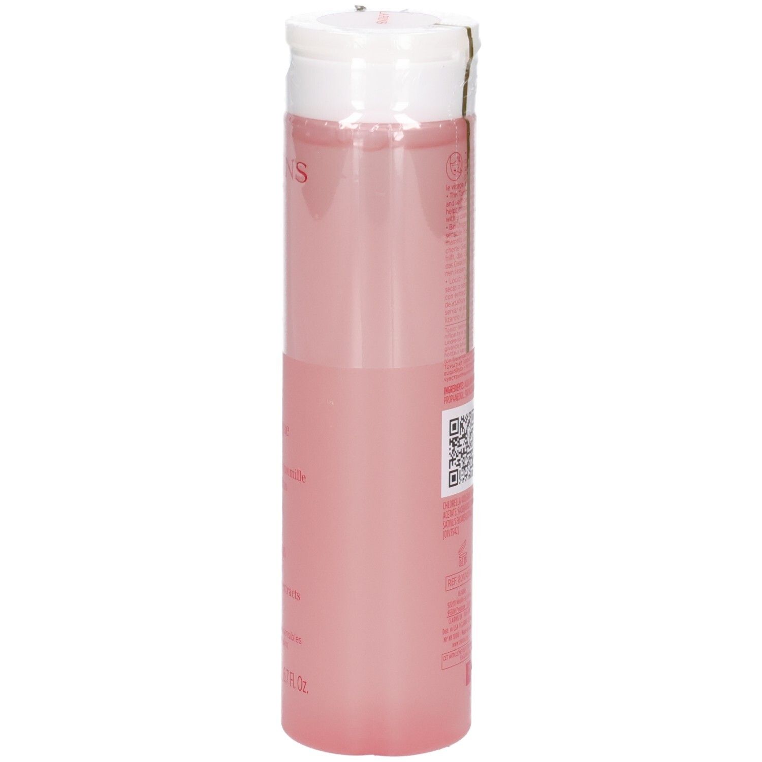 Clarins Verzachtende Tonic Lotion, zijaanzicht. Doorzichtige roze fles met witte fliptopdop. 200 ml.