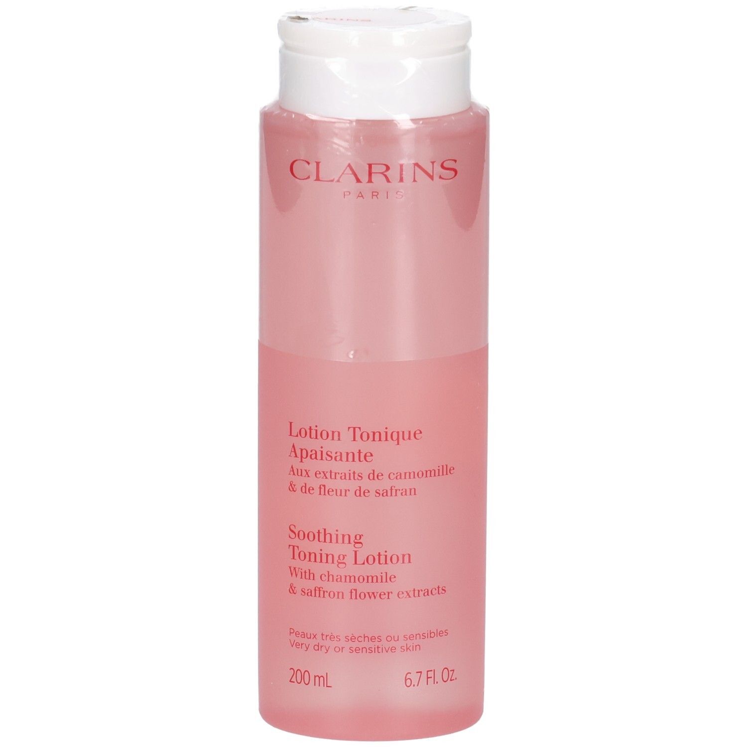 Clarins Verzachtende Tonic Lotion in een doorzichtige roze fles met witte fliptopdop. 200 ml.