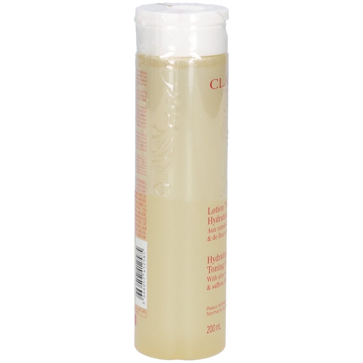 Clarins Hydrating Toning Lotion, achterkant met productinformatie en barcode.