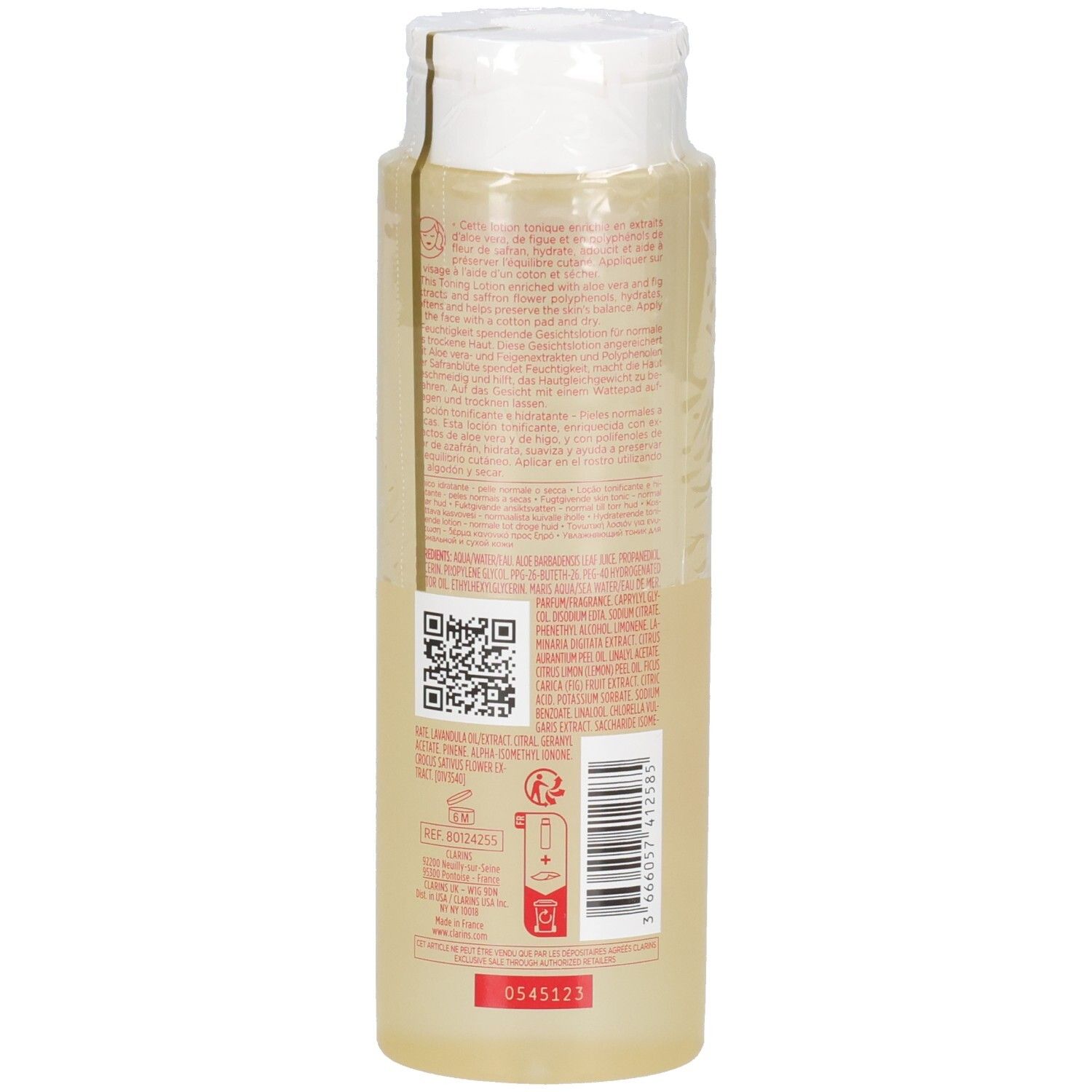 Clarins Hydrating Toning Lotion, achterkant met gedetailleerde ingrediëntenlijst en QR-code.