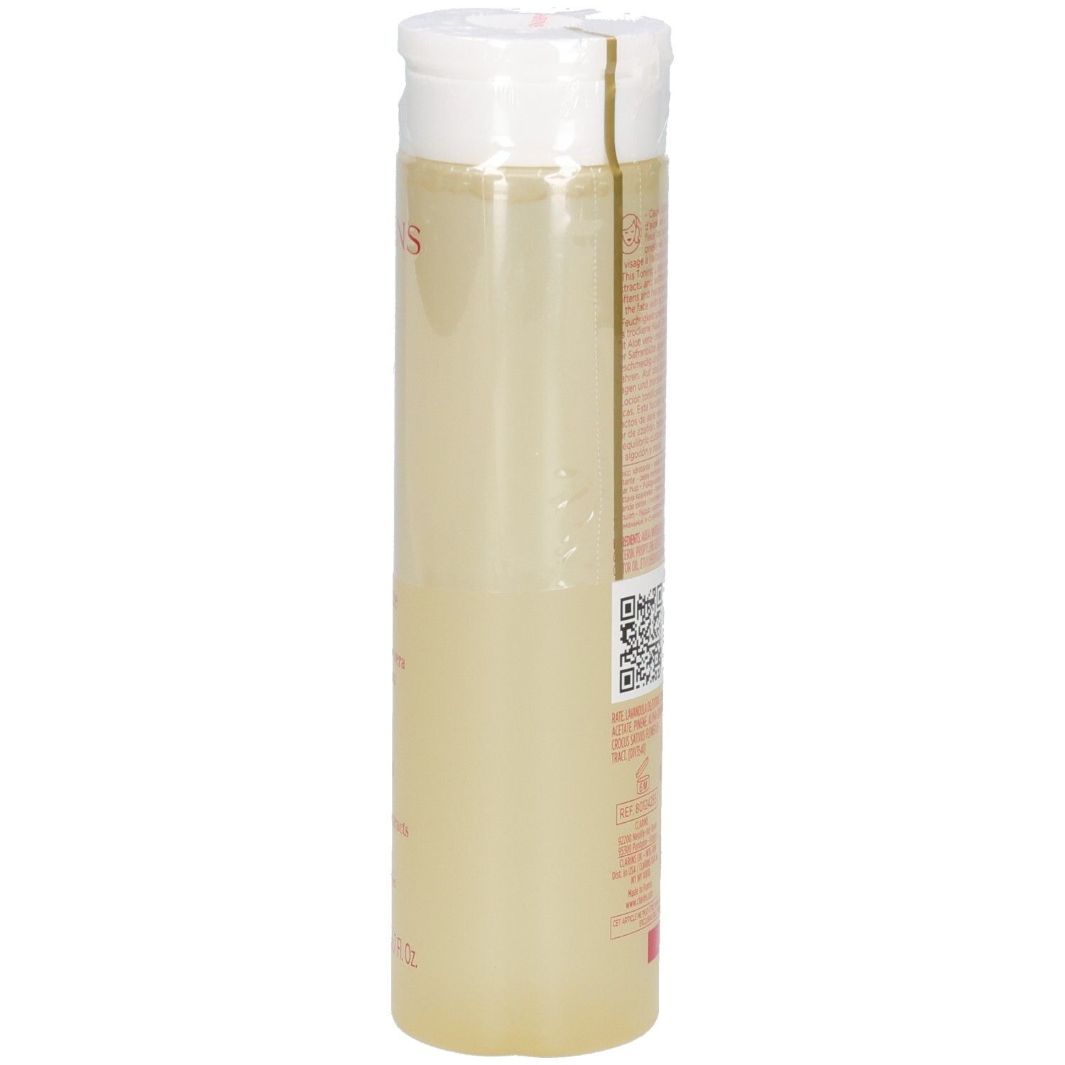 Clarins Hydrating Toning Lotion, zijaanzicht van de fles met gelige vloeistof.