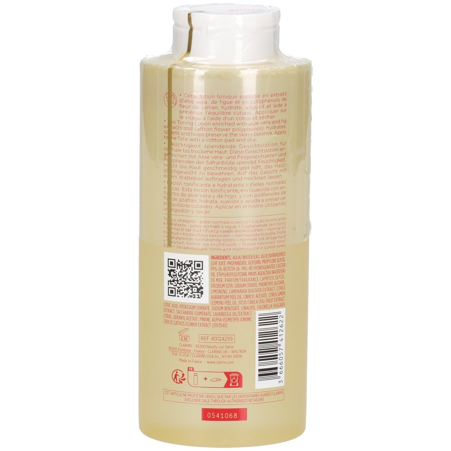 Clarins Lotion Tonique Hydratante, vue arrière avec QR code et informations produit.