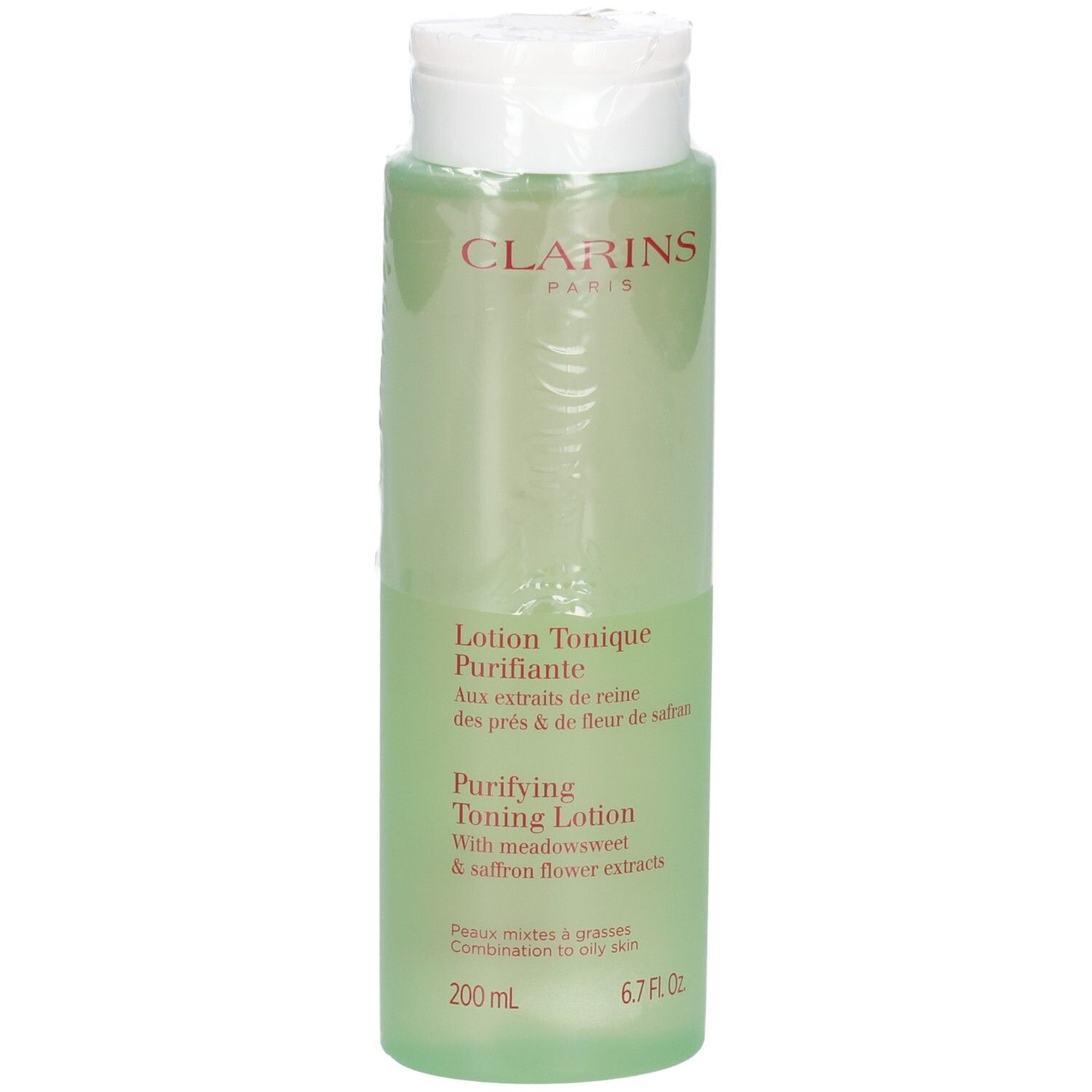 Clarins Lotion Tonique Purifiante, 200 ml, heldere groene vloeistof in doorzichtige fles.
