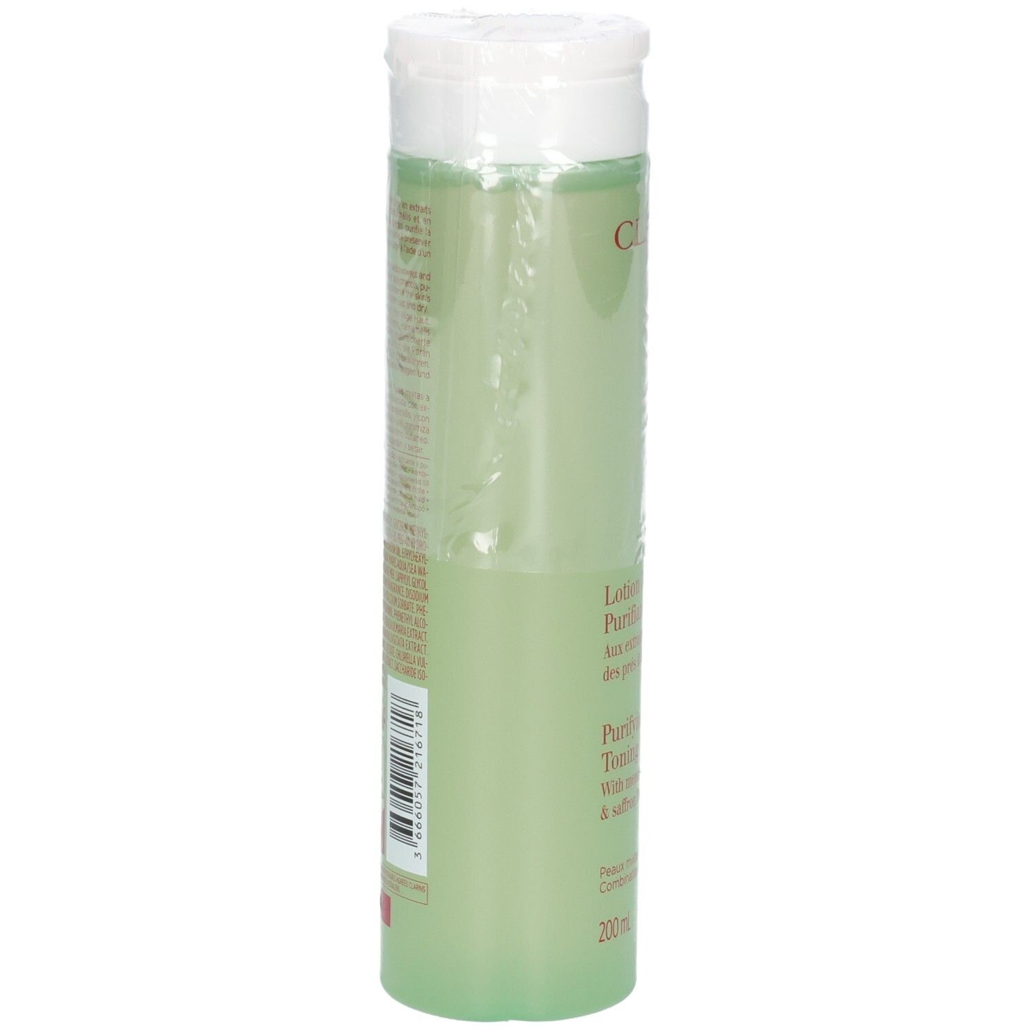 Clarins Lotion Tonique Purifiante, achterkant van de fles met etiket en barcode.