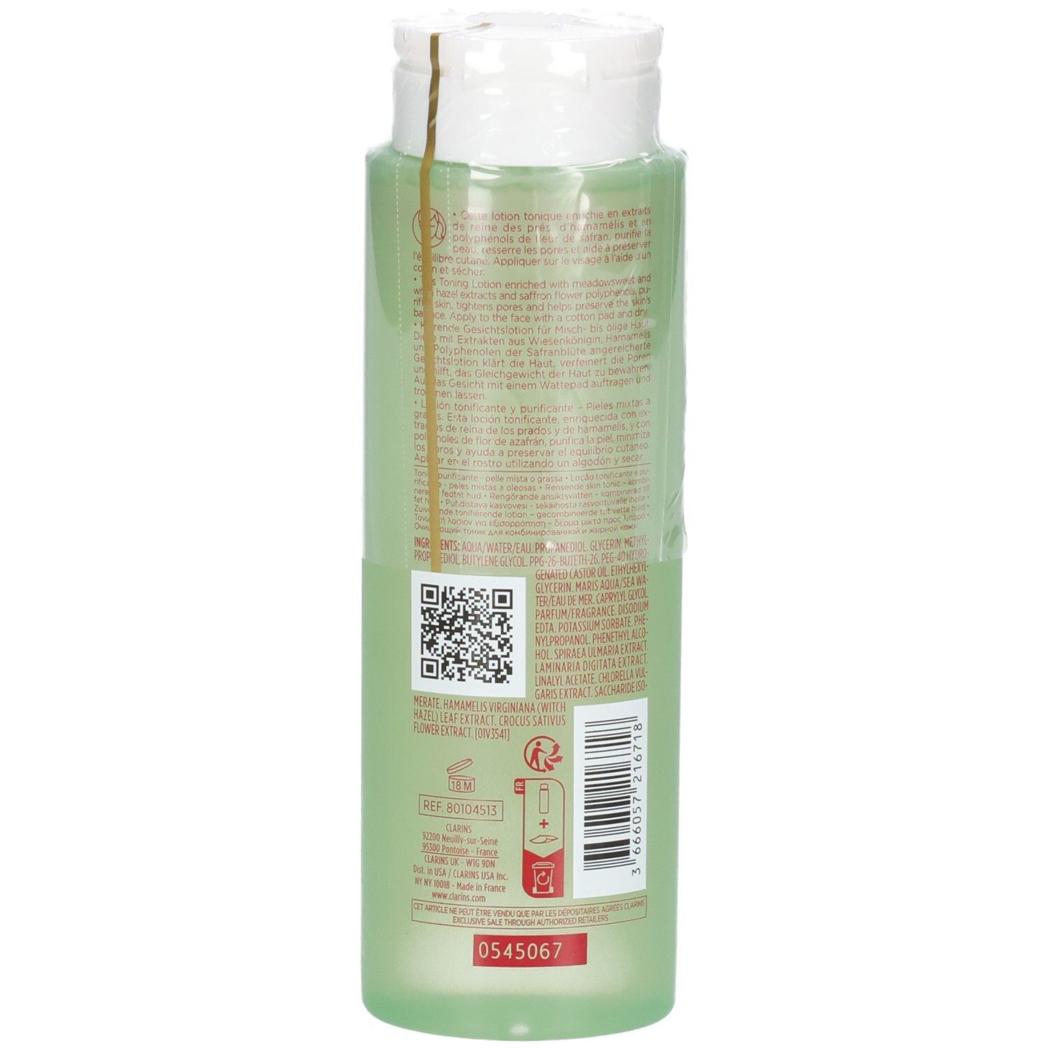 Clarins Lotion Tonique Purifiante, achterkant van de fles met QR-code en productinformatie.