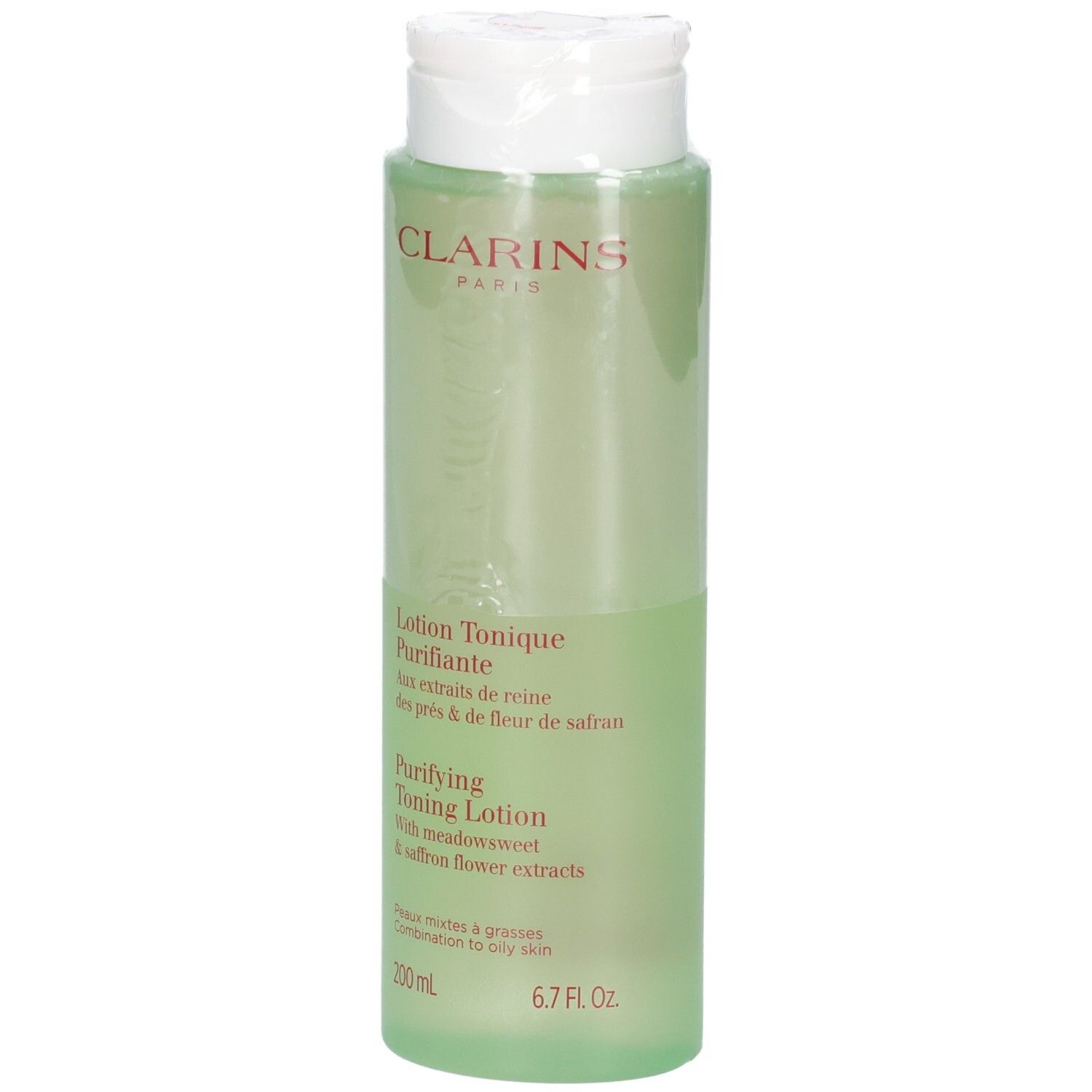 Clarins Lotion Tonique Purifiante, 200 ml, heldere groene vloeistof in doorzichtige fles.