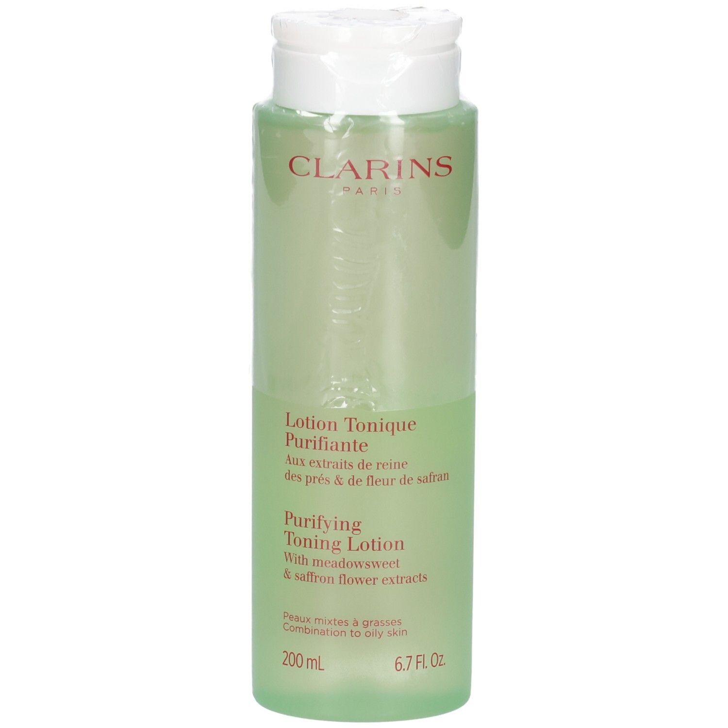 Clarins Lotion Tonique Purifiante, 200 ml, heldere groene vloeistof in doorzichtige fles.