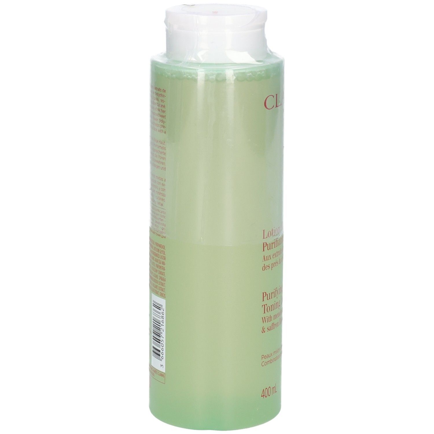 Clarins Zuiverende Tonic Lotion, 400 ml, achterkant van de fles met etiket.
