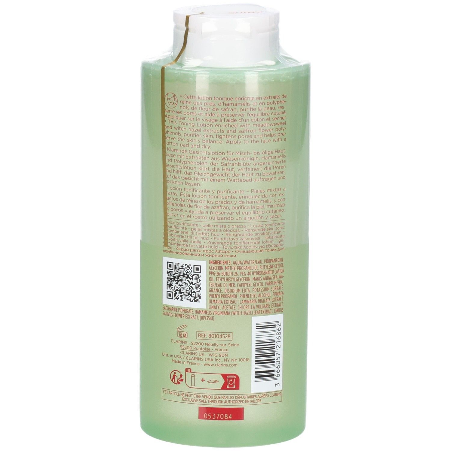 Clarins Zuiverende Tonic Lotion, 400 ml, achterkant van de fles met QR-code en informatie.