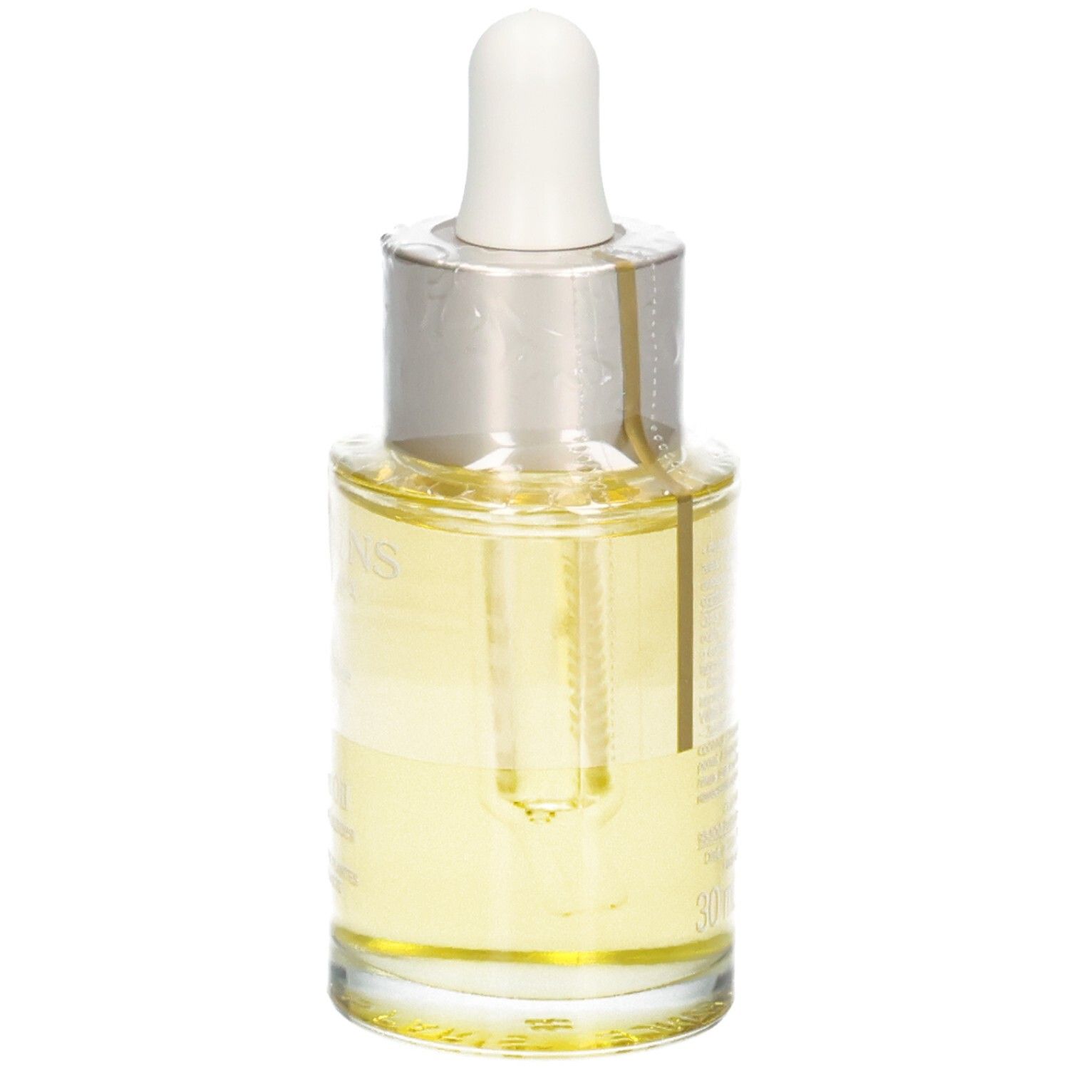 Huile Aroma Lotus Clarins. Liquide jaune dans un flacon en verre avec pipette, vue latérale.