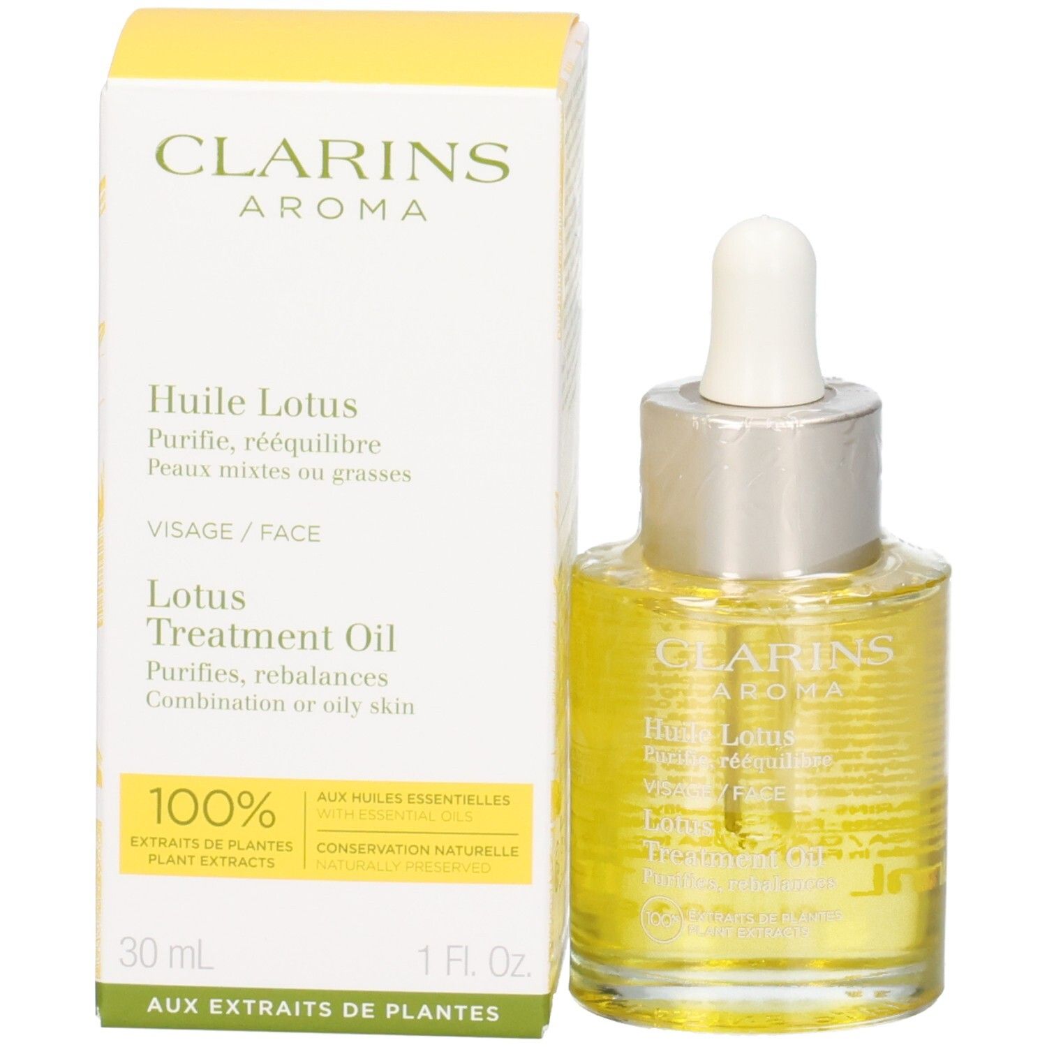 Huile Aroma Lotus Clarins et son emballage. Huile jaune dans un flacon en verre avec pipette.
