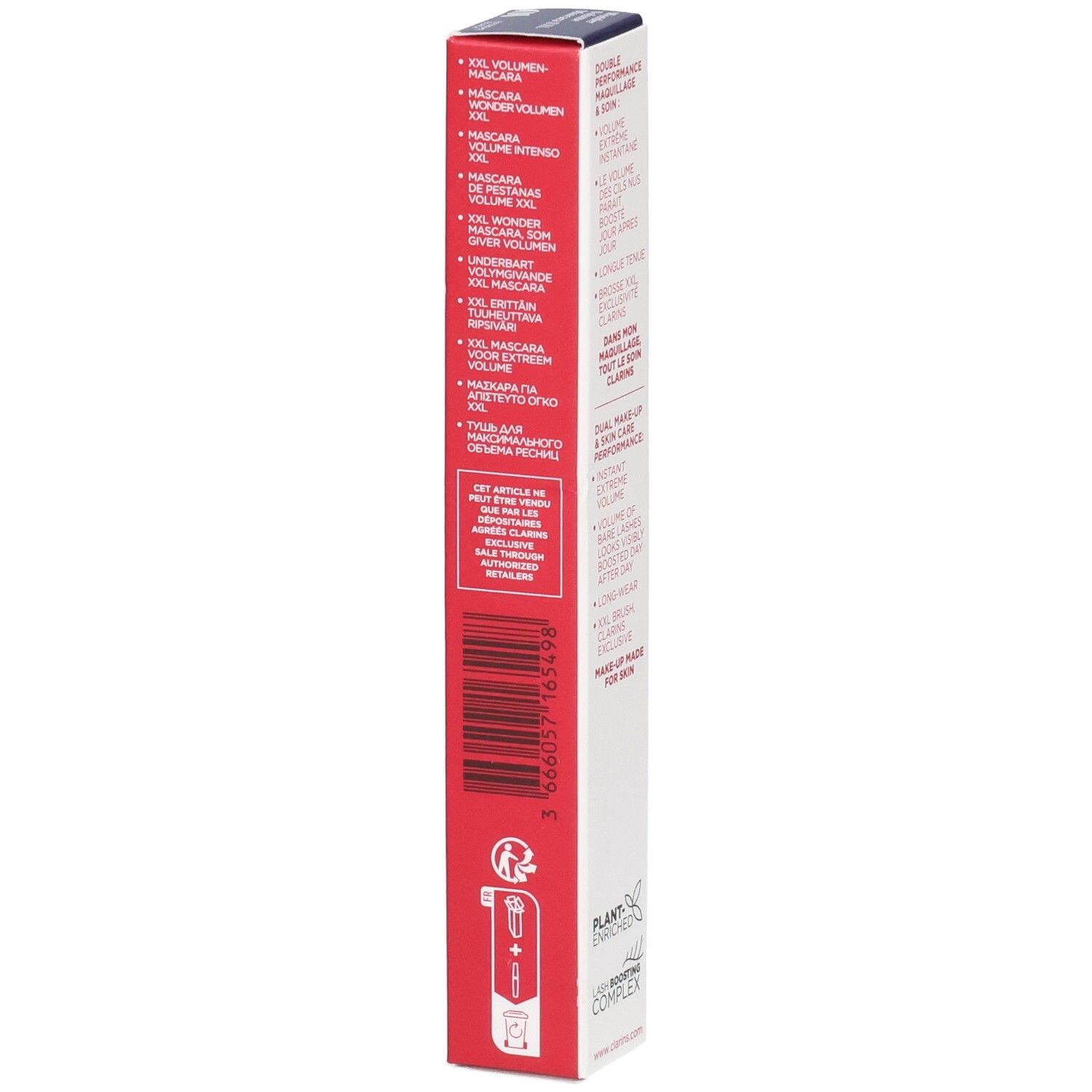 Mascara Clarins Supra Volume XXL, 01 Nero. Arrière de la boîte avec code-barres et informations produit.