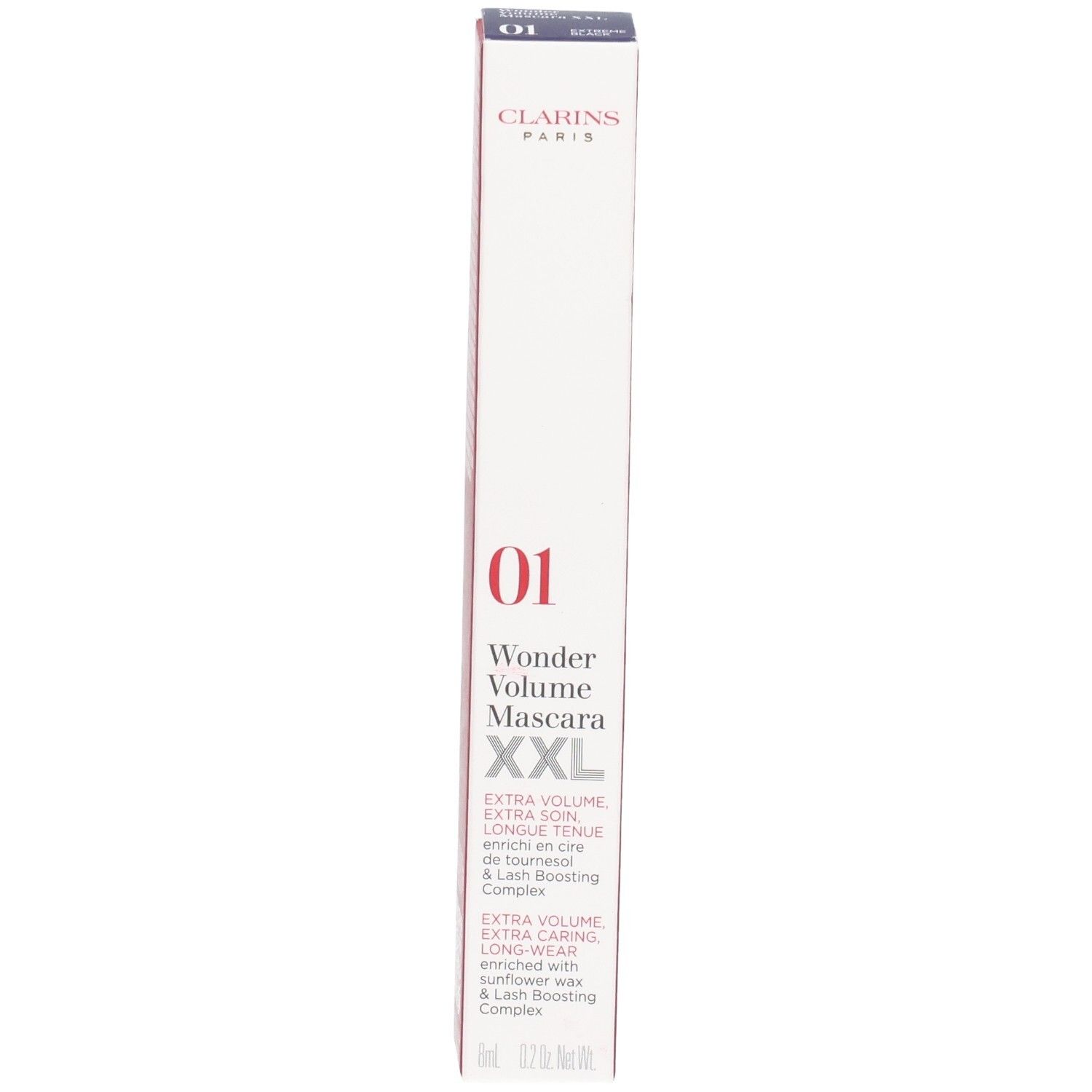 Mascara Clarins Supra Volume XXL, 01 Nero. Face avant de la boîte avec nom du produit et numéro de couleur.