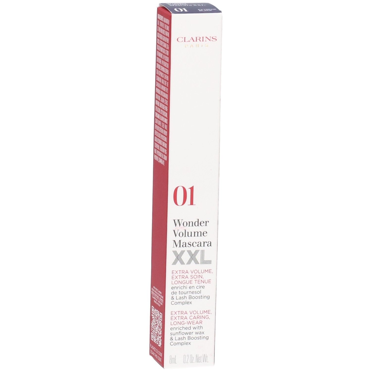 Mascara Clarins Supra Volume XXL, 01 Nero. Boîte avec nom du produit, numéro de couleur et code QR.