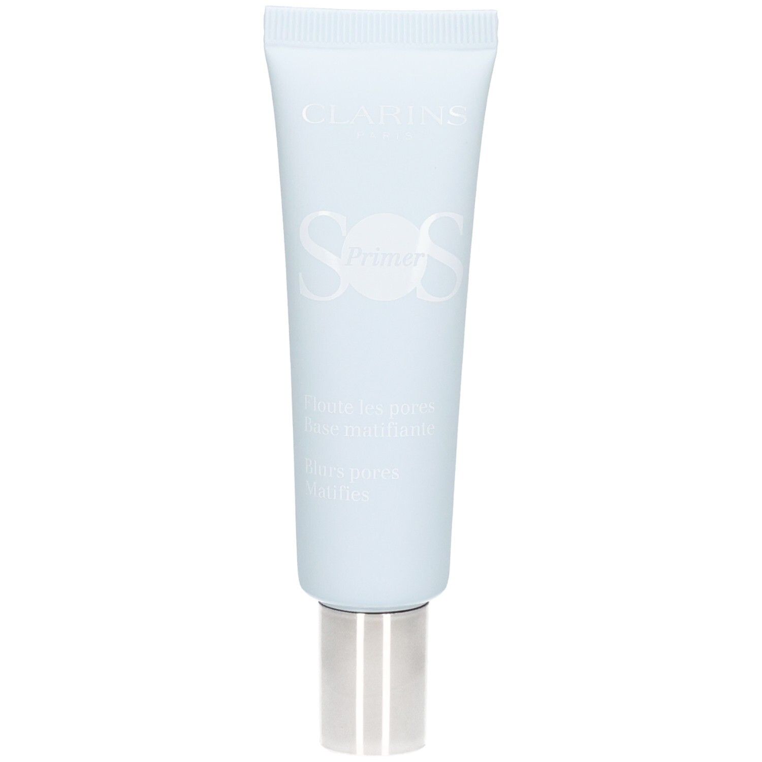 Tube Clarins SOS Primer : Bleu clair avec bouchon argenté. Vue de face du produit.