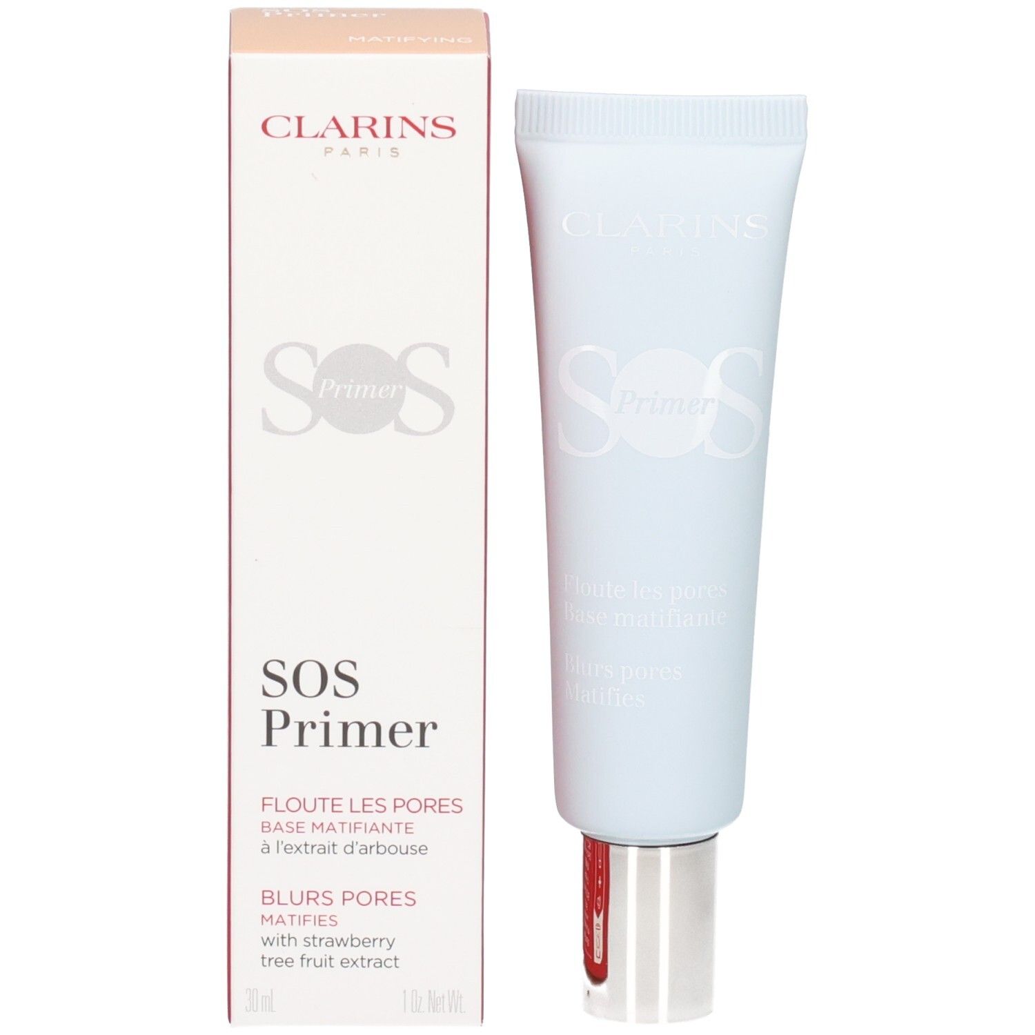 Clarins SOS Primer : Tube et boîte. Tube bleu clair avec bouchon argenté.