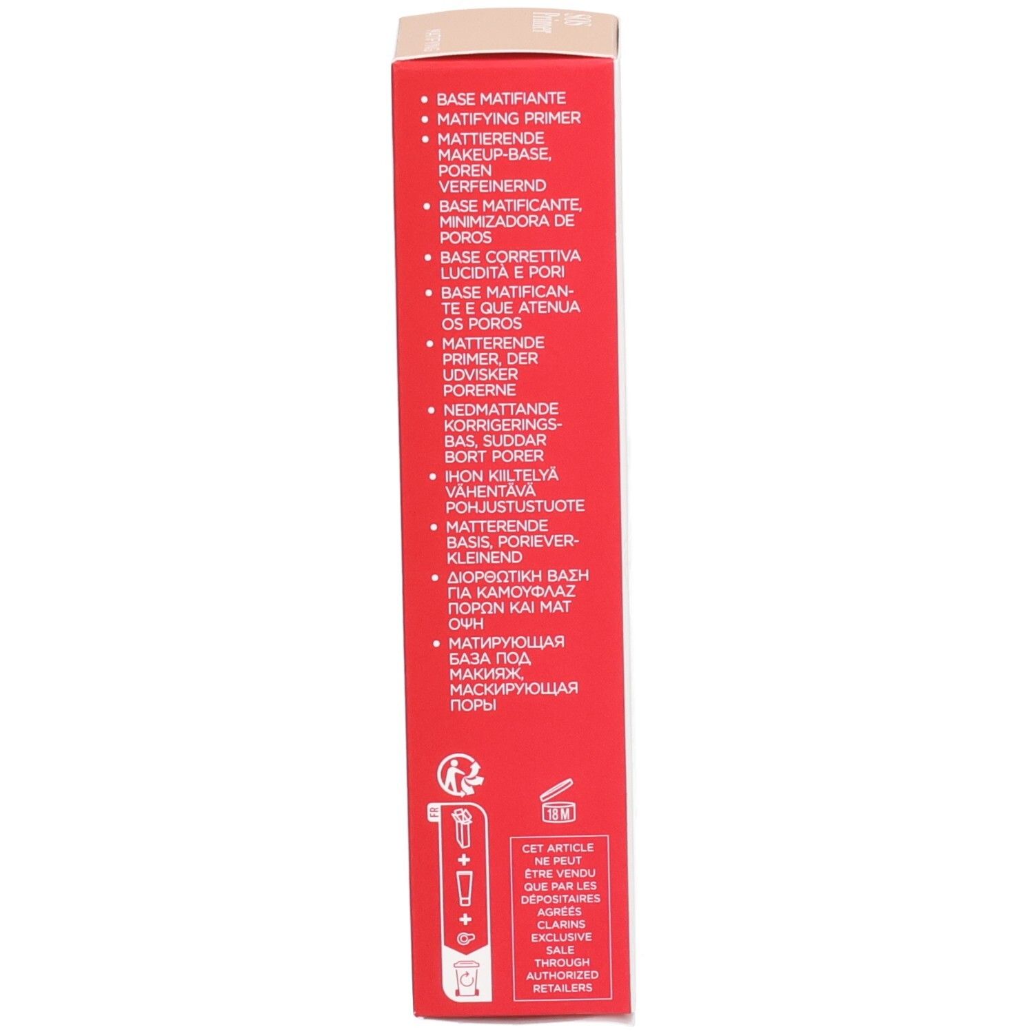Boîte Clarins SOS Primer : Vue latérale avec descriptions produit en plusieurs langues.