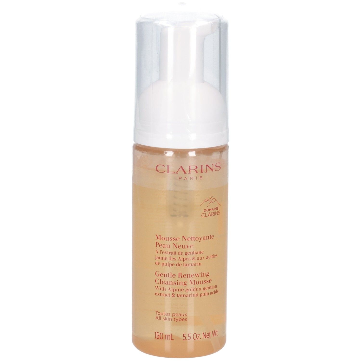Clarins reinigingsmousse in een transparante dispenser met witte pomp. Gele vloeistof zichtbaar.