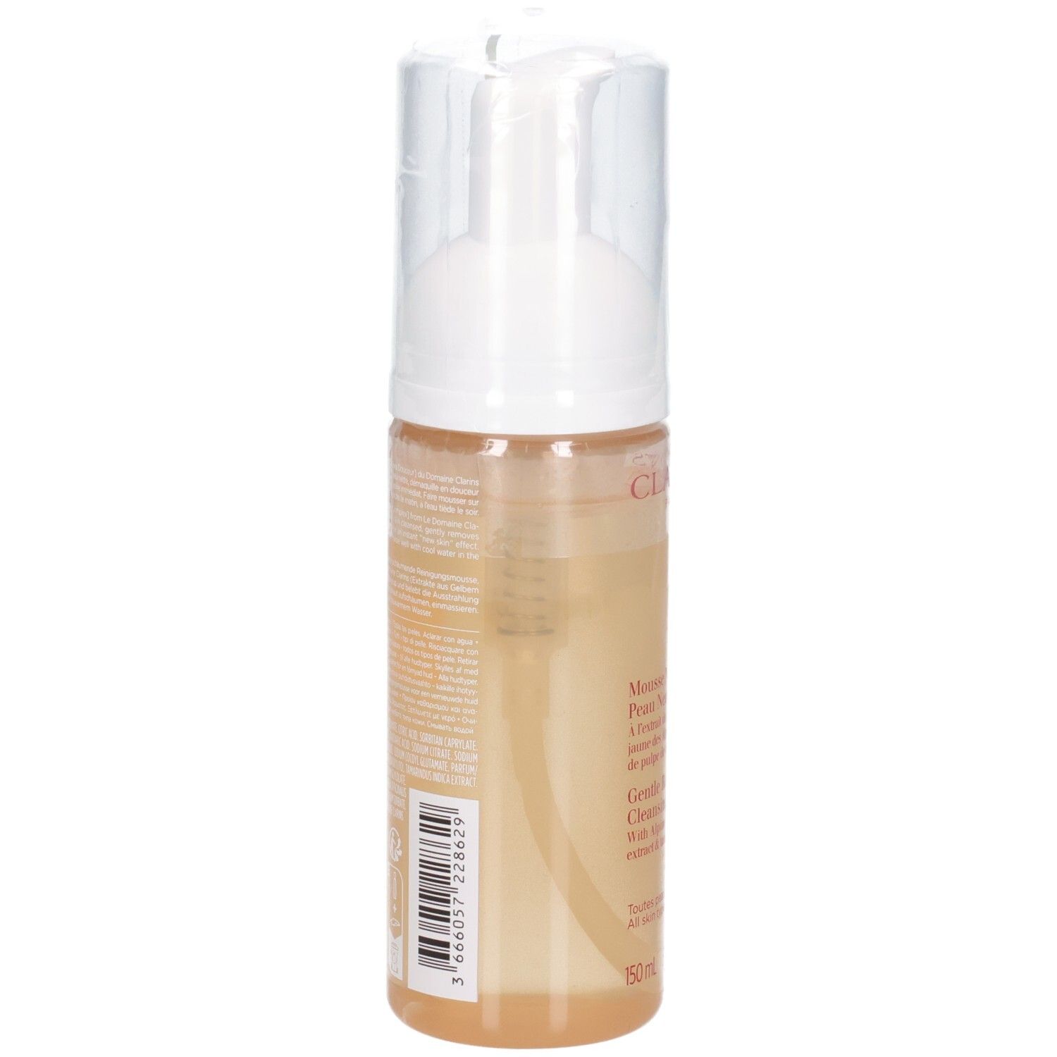 Achterkant van een Clarins reinigingsmousse fles met barcode en tekstinformatie.
